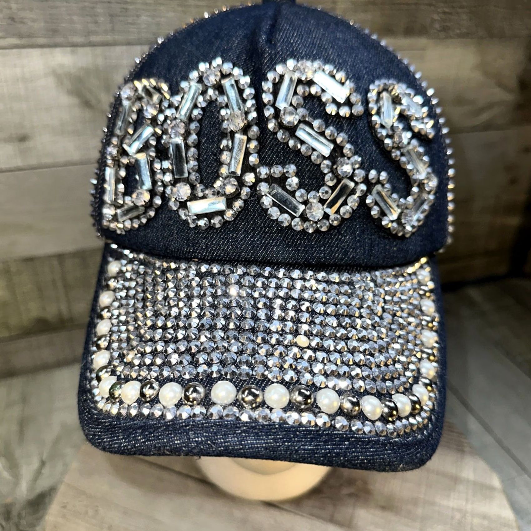 Vintage VINTAGE Boss Rhinestone Bling Hat Denim Jeweled Baseball Cap Adjustable Hana NWT Size ONE SIZE - 2 Thumbnail