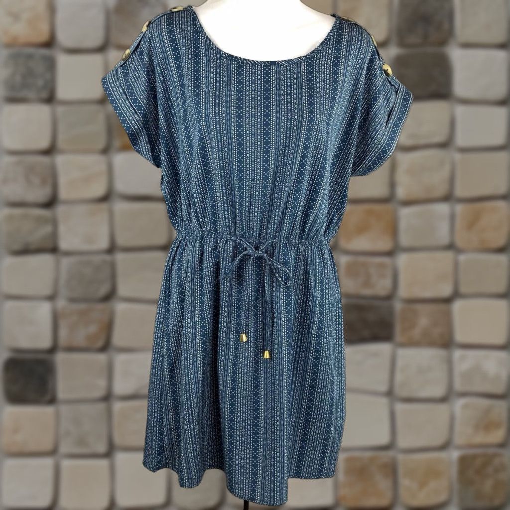 Vintage Indulge Shirt Dress L Blue Geometric Drawstring Waist ScoopNeck Cuff ShortSleeve Size L / US 10 / IT 46 - 1 Thumbnail