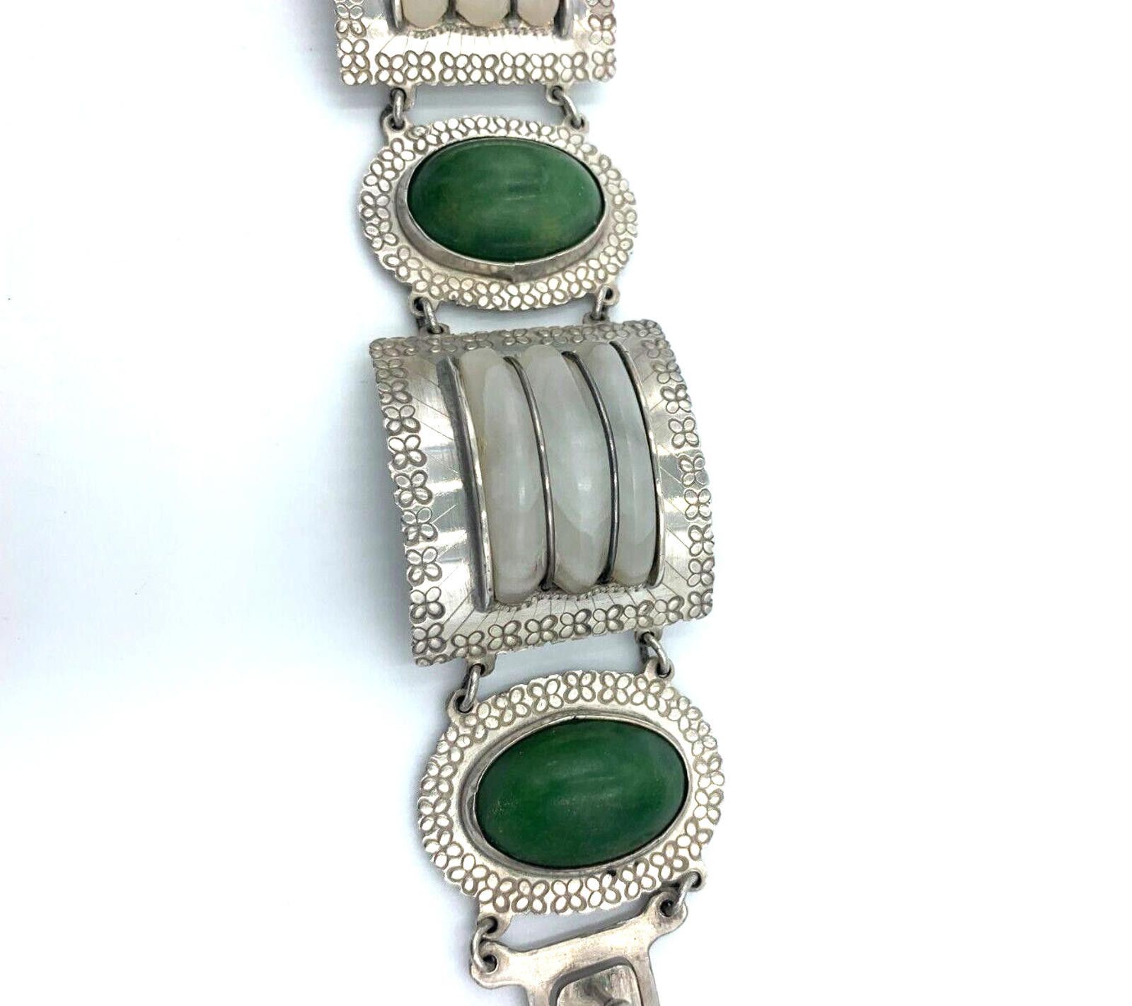 The Unbranded Brand Vintage Sterling Silver Quartz Nephrite Wide Bracelet Mexico Size ONE SIZE - 6 Thumbnail