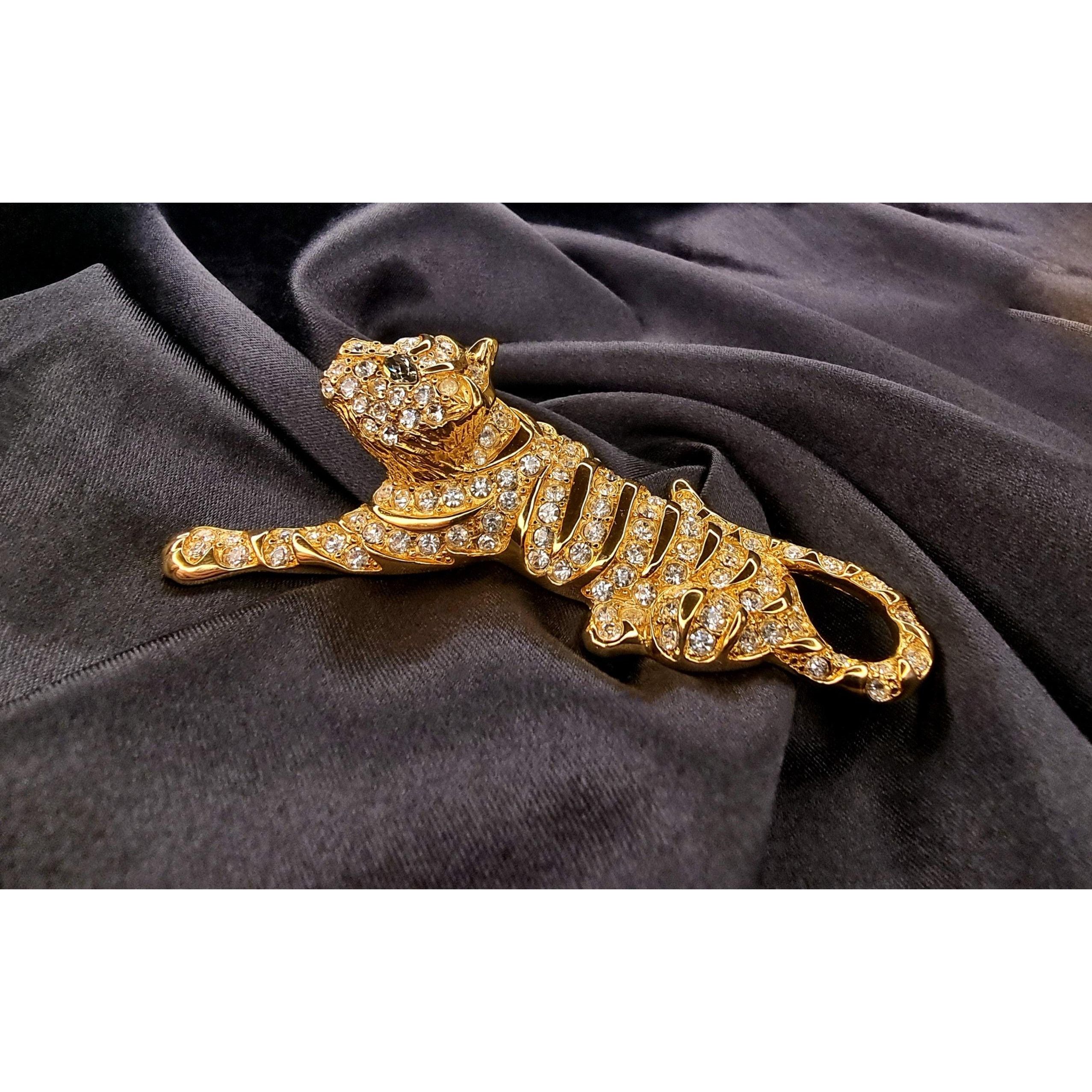 Other Vintage Signed TRIFARI Tiger Large Brooch Pin Gold Plated wi Size ONE SIZE - 3 Thumbnail