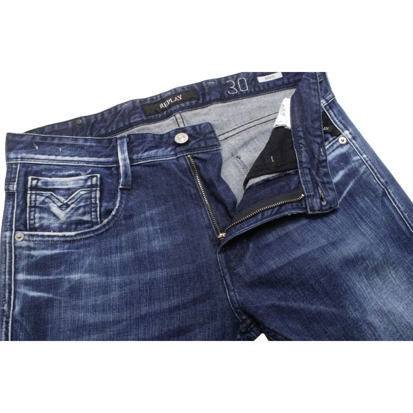 Replay REPLAY Anbass Jeans Men's W30/L32 Tapered Fit Zip Fly Dark Denim Casual Whiskers Size US 30 / EU 46 - 4 Thumbnail