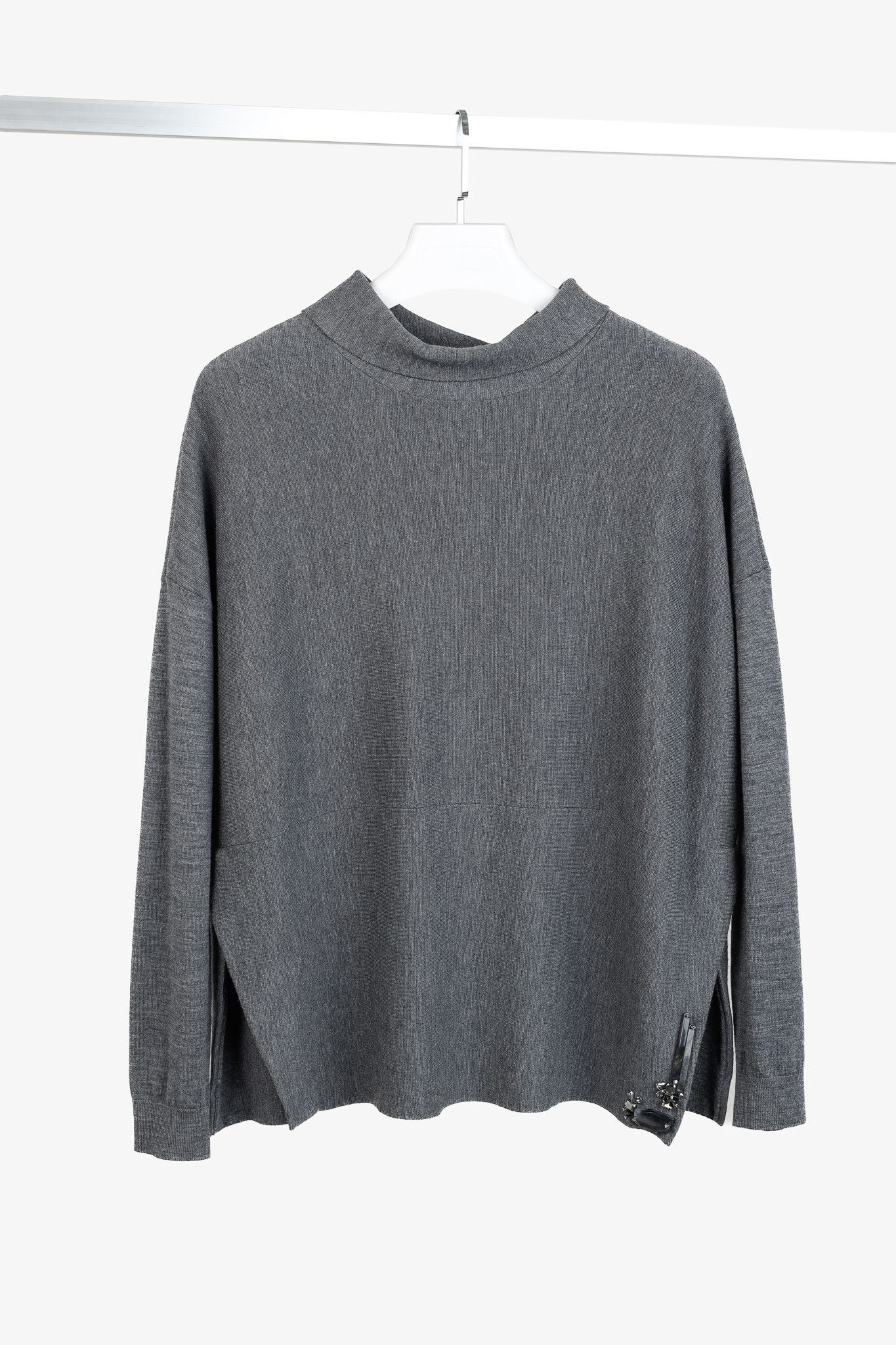 DOROTHEE SCHUMACHER Dorothee Schumacher Grey Wool-Blend Jeweled-Hem Sweater Size L / US 10 / IT 46 - 1 Thumbnail