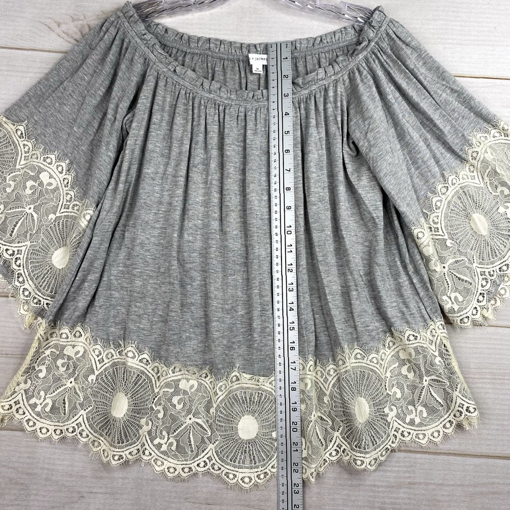 Vintage Coco + Jaimeson Womens Blouse Shirt M Gray Cream Lace Bell Sleeve Boho Off Shoulder Size M / US 6-8 / IT 42-44 - 4 Thumbnail