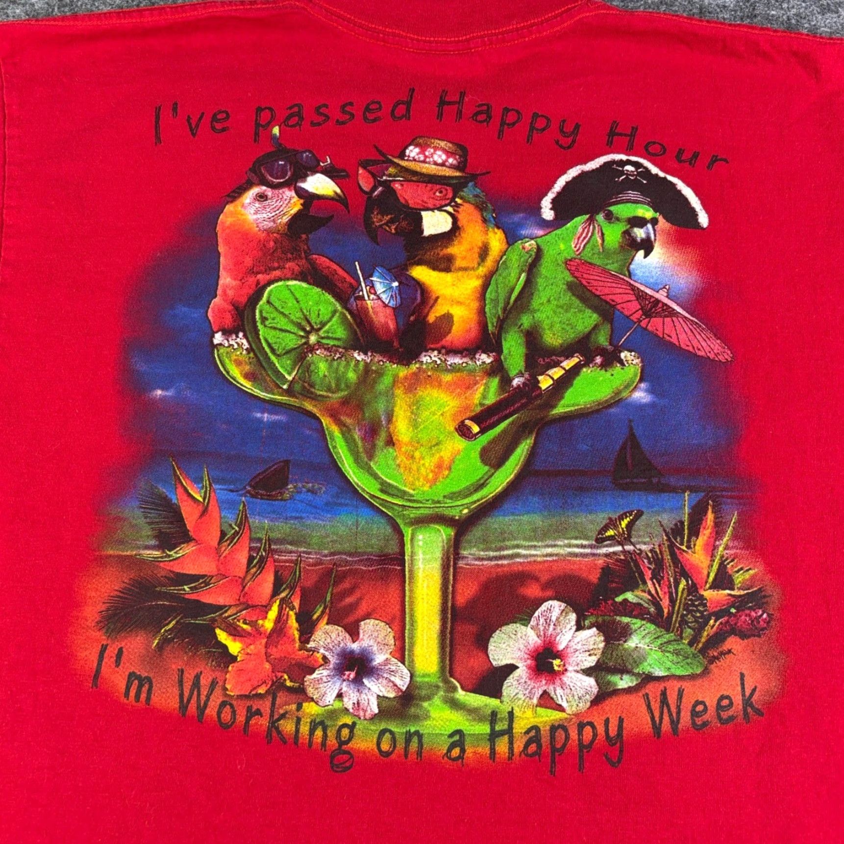 Vintage Mens Red Parrot Margarita Happy Hour Graphic T Shirt Sand Key FL Size L 90s Size US L / EU 52-54 / 3 - 7 Thumbnail