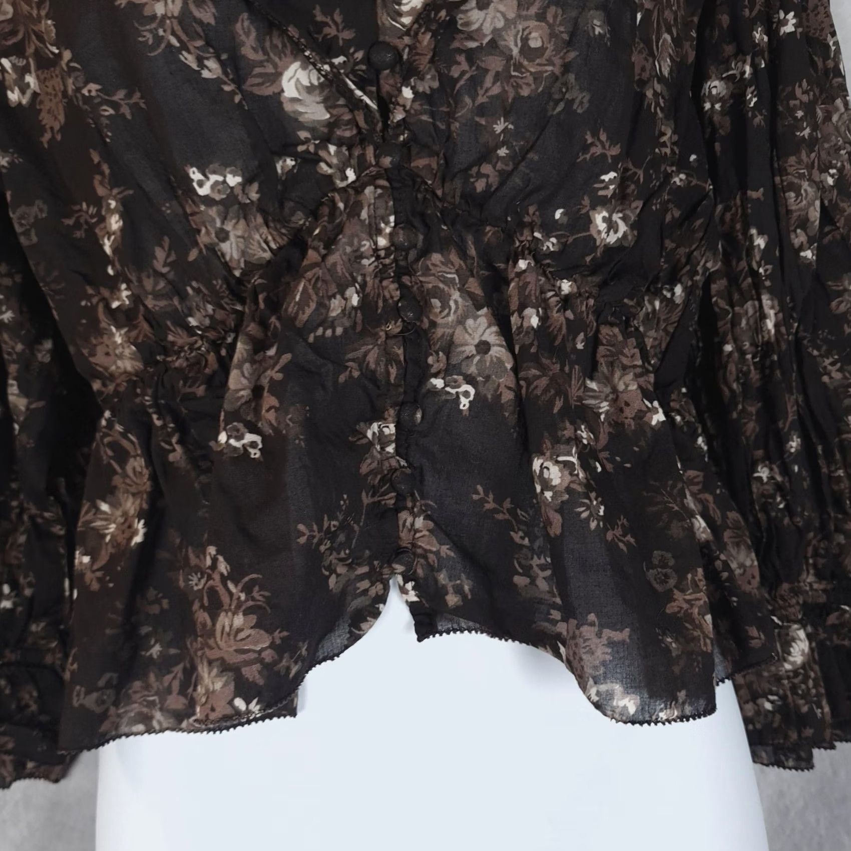 Gap Gap Blouse Womens Medium Brown Floral Ruffle Collar Peplum Sheer V-Neck Button Front Long Sleeve Casual Fall Womens Size M / US 6-8 / IT 42-44 - 4 Thumbnail