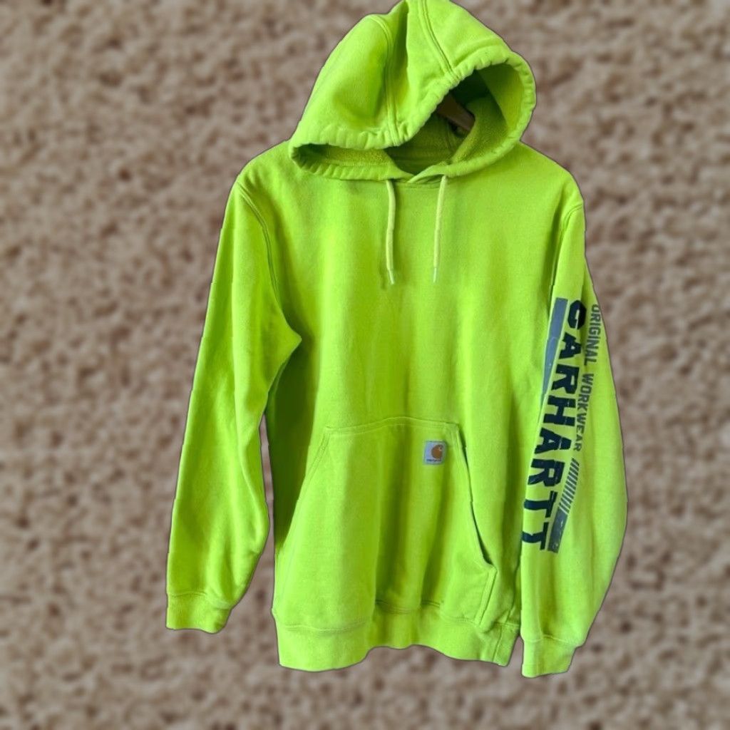 VINTAGE Carhartt Men's Small Logo Hoodie Original Workwear Bright Green