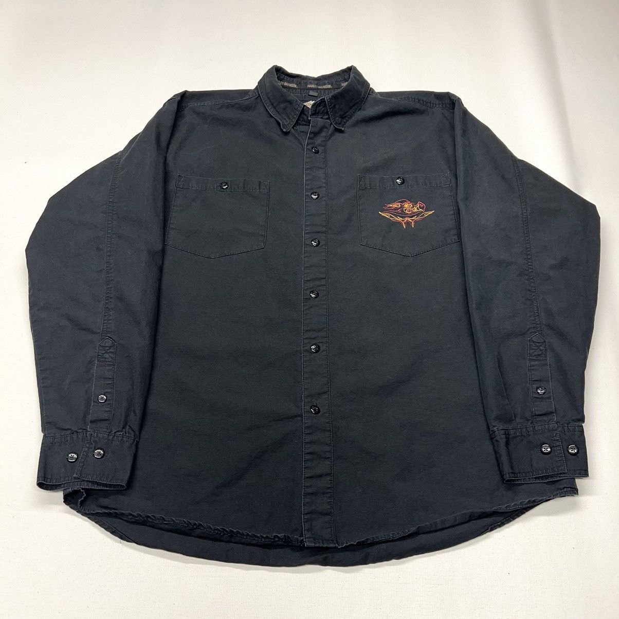 Harley Davidson × Vintage Harley Davidson Button Up Shirt Black Embroidered Logo Biker Size US XL / EU 56 / 4 - 2 Thumbnail