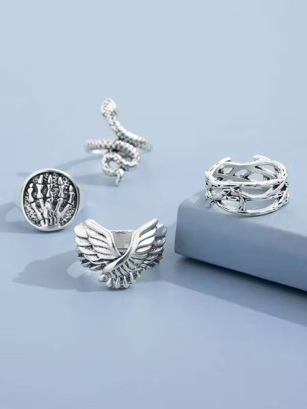 Jewelry × Vintage Retro Punk Gothic Silver 4pc Ring Set Size ONE SIZE - 2 Thumbnail