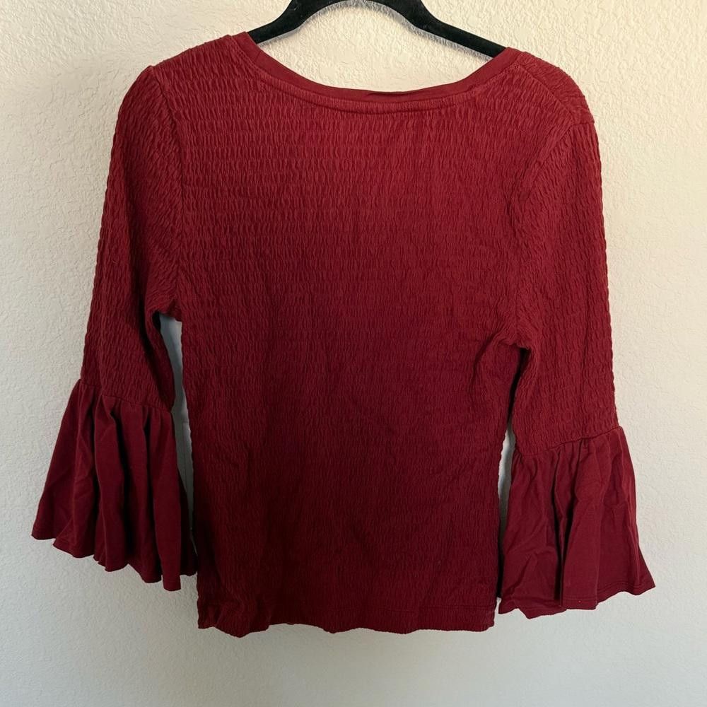 Designer Anthropologie Smocked Bell-Sleeve Top Shirt Wine Red Medium Size M / US 6-8 / IT 42-44 - 7 Thumbnail