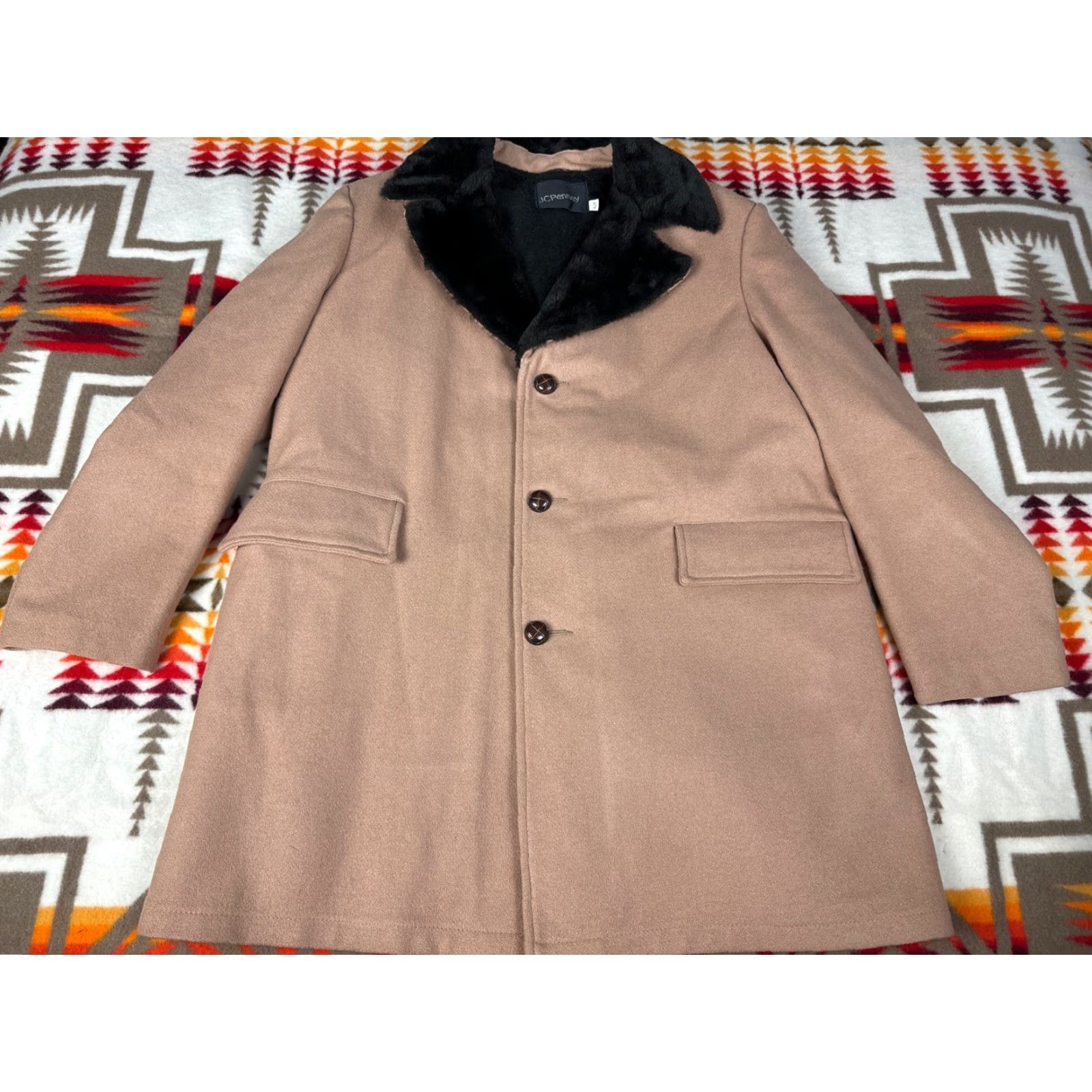 Penn VINTAGE JC Penny Pea Coat Jacket Wool Faux Fur Collar 42R L Mens Brown 70s Regular 42R L Size US XS / EU 42 / 0 - 2 Thumbnail