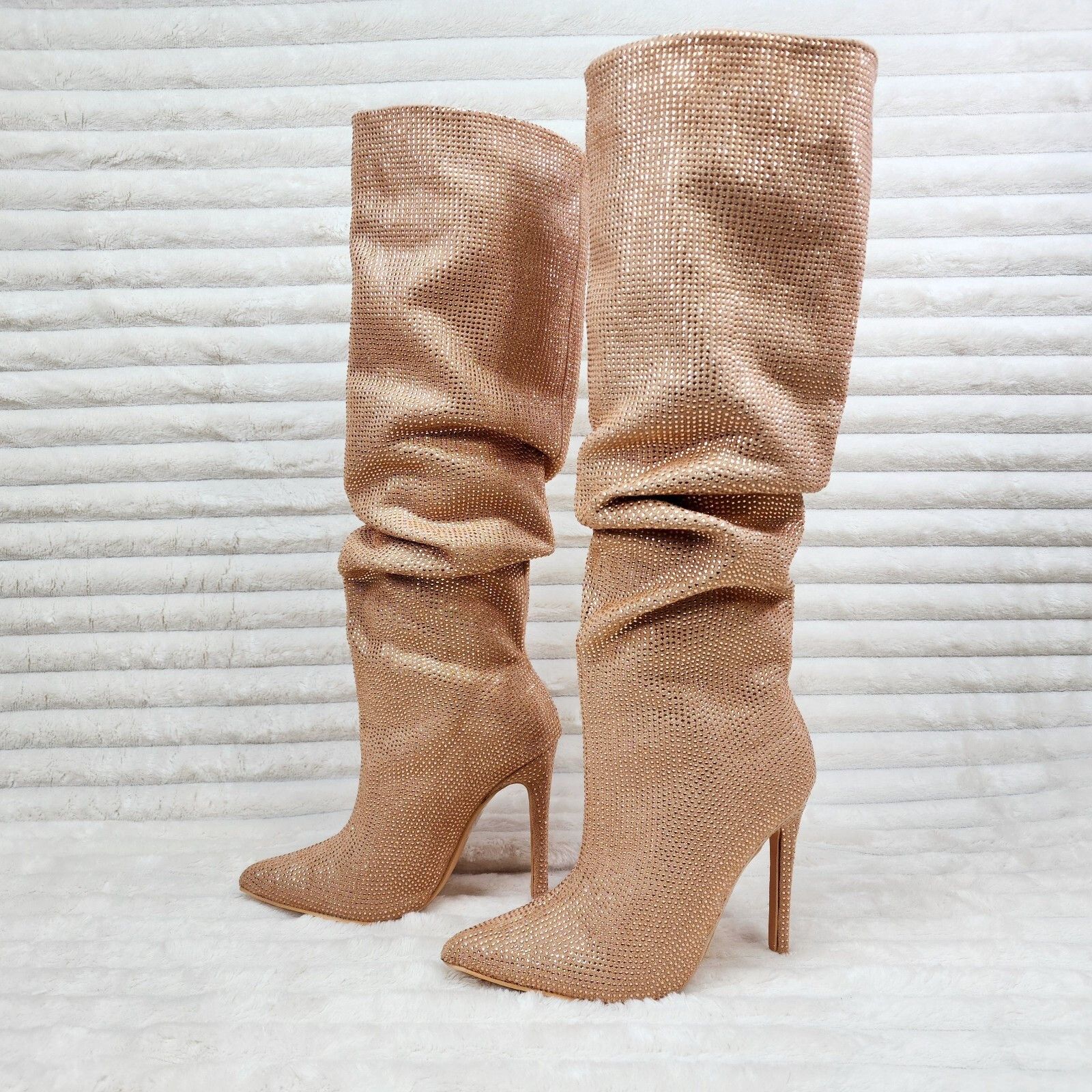 Radiant Nude Beige Rhinestone High Heel Stiletto Slouch Knee