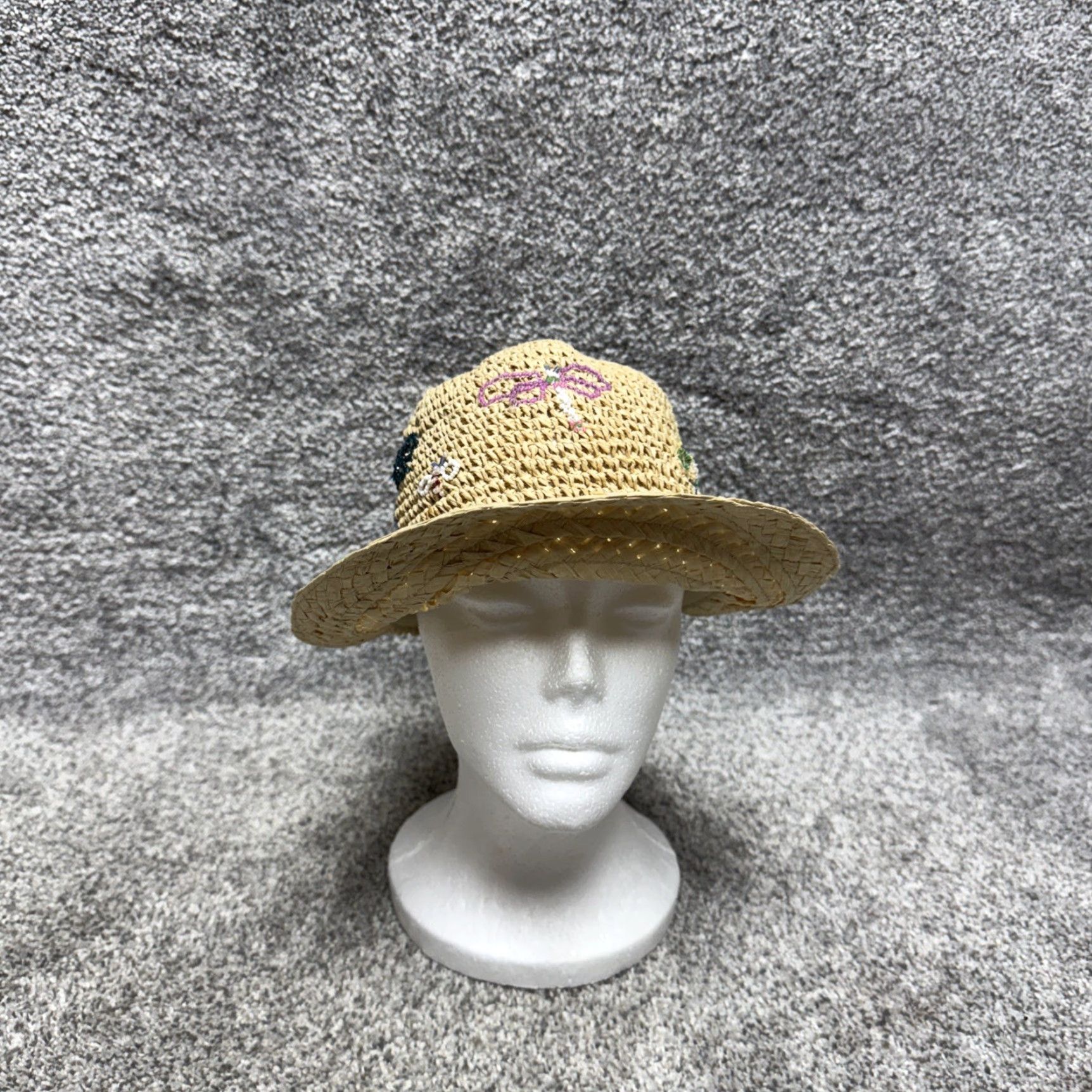 Vintage VINTAGE August Sun Hat Beaded Dragonflies Paper Straw Boho Chic Beachy Women One Size Beige Summer Size ONE SIZE - 2 Thumbnail