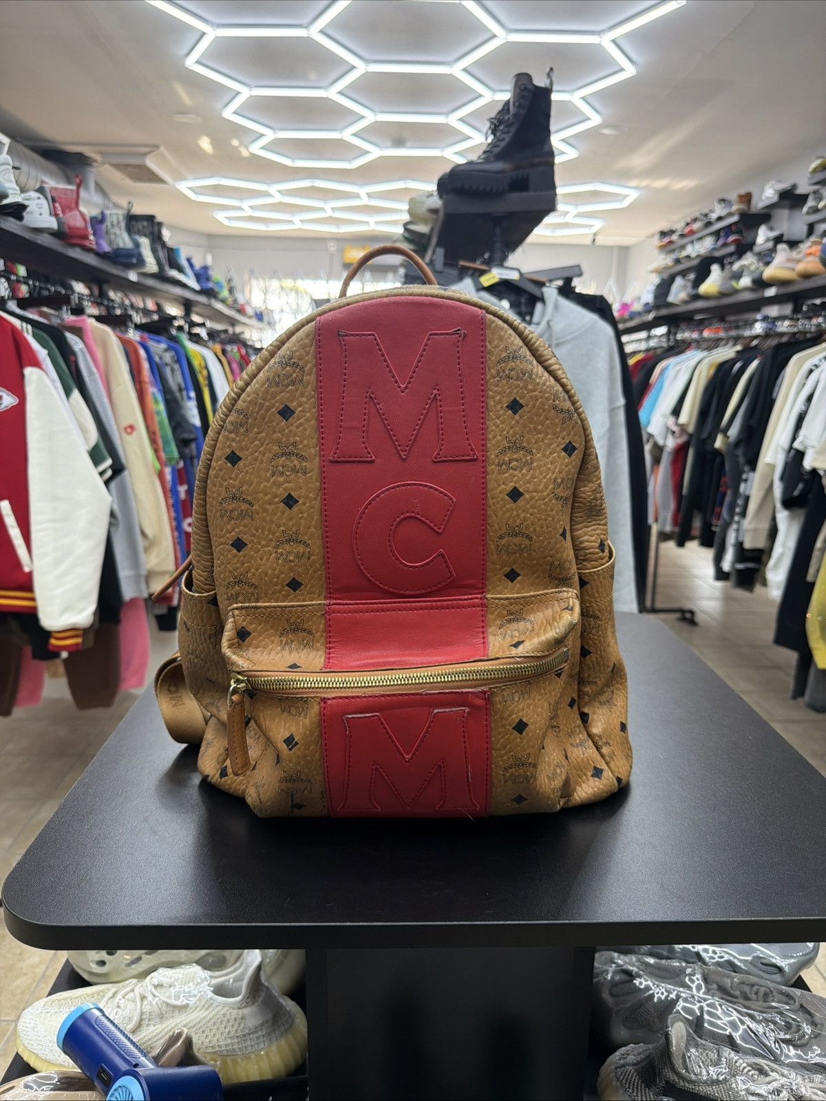 MCM MCM Visetos Medium Stark Logo Stripe Backpack Cognac Red Size ONE SIZE - 1 Thumbnail