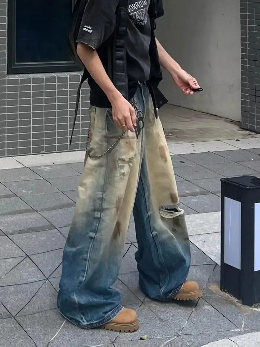 Japanese Brand × Jean Loose straight leg floor mopping gradient yellow mud jeans Size US 32 / EU 48 - 6 Thumbnail