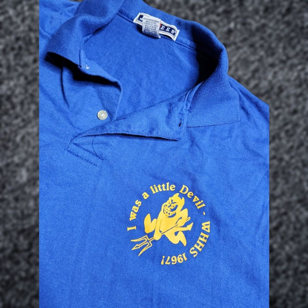 Jerzees VINTAGE Jerzees Polo Shirt XL Blue I Was A Little Devil 1967 Winter Haven High School Classic Mens Size US XL / EU 56 / 4 - 1 Thumbnail