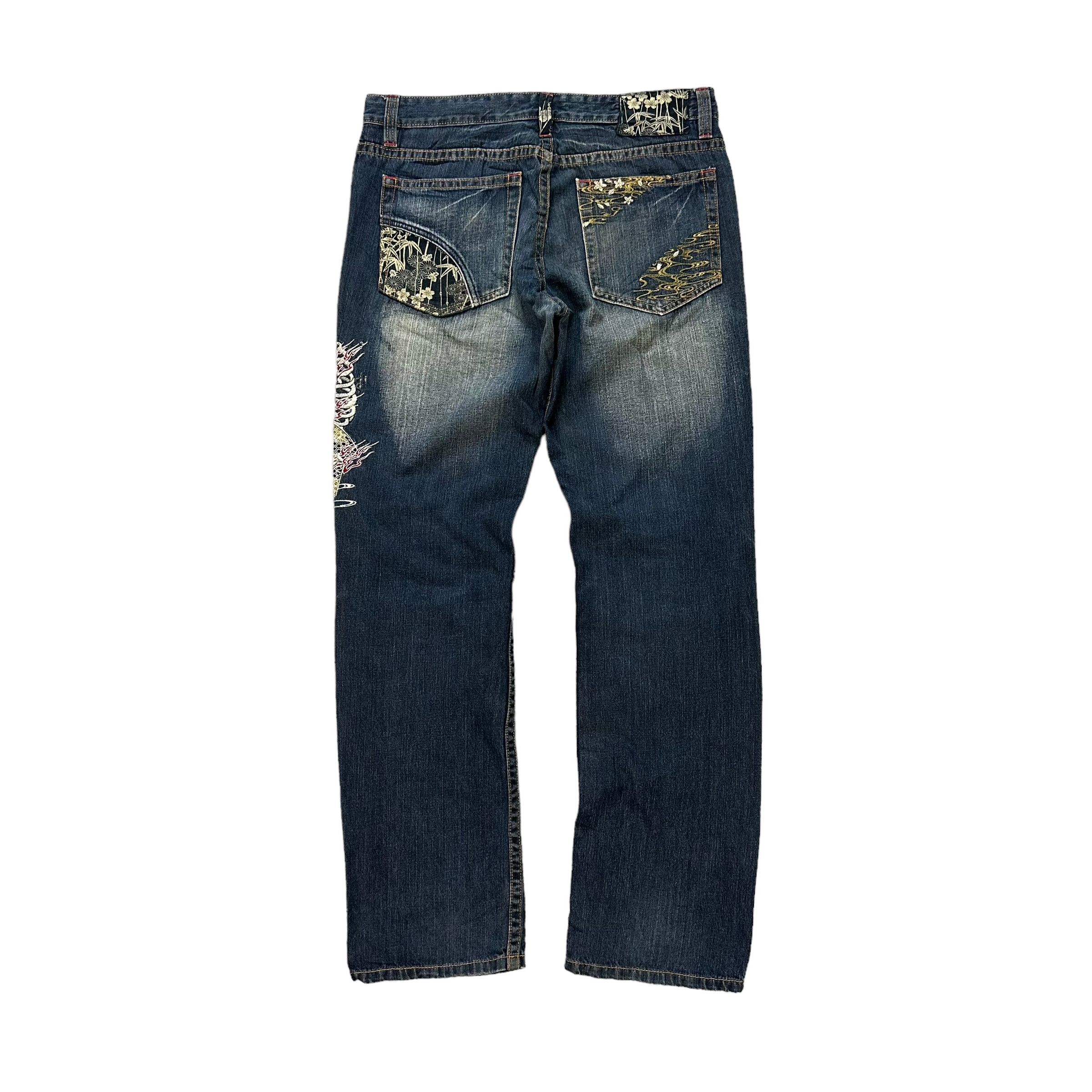 Japanese Brand J950 JEANS SUKAJAN EMBROIDERED SKELETON DENIM PANT #7801-177 Size US 35 - 15 Thumbnail