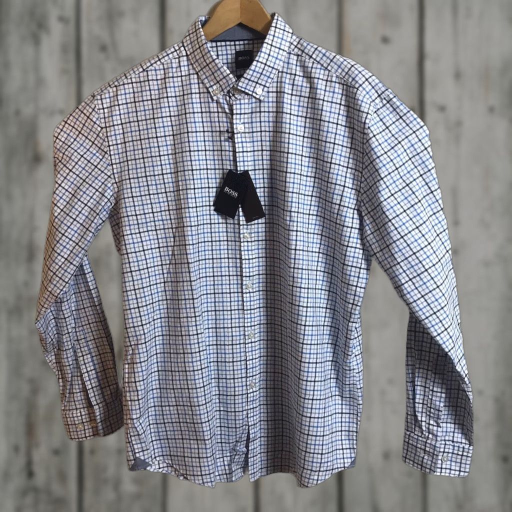 Vintage BOSS Hugo Boss Button Down Shirt Mens XL LS Slim Fit 100% Cotton Blue Check Plaid NEW Size US XL / EU 56 / 4 - 1 Thumbnail