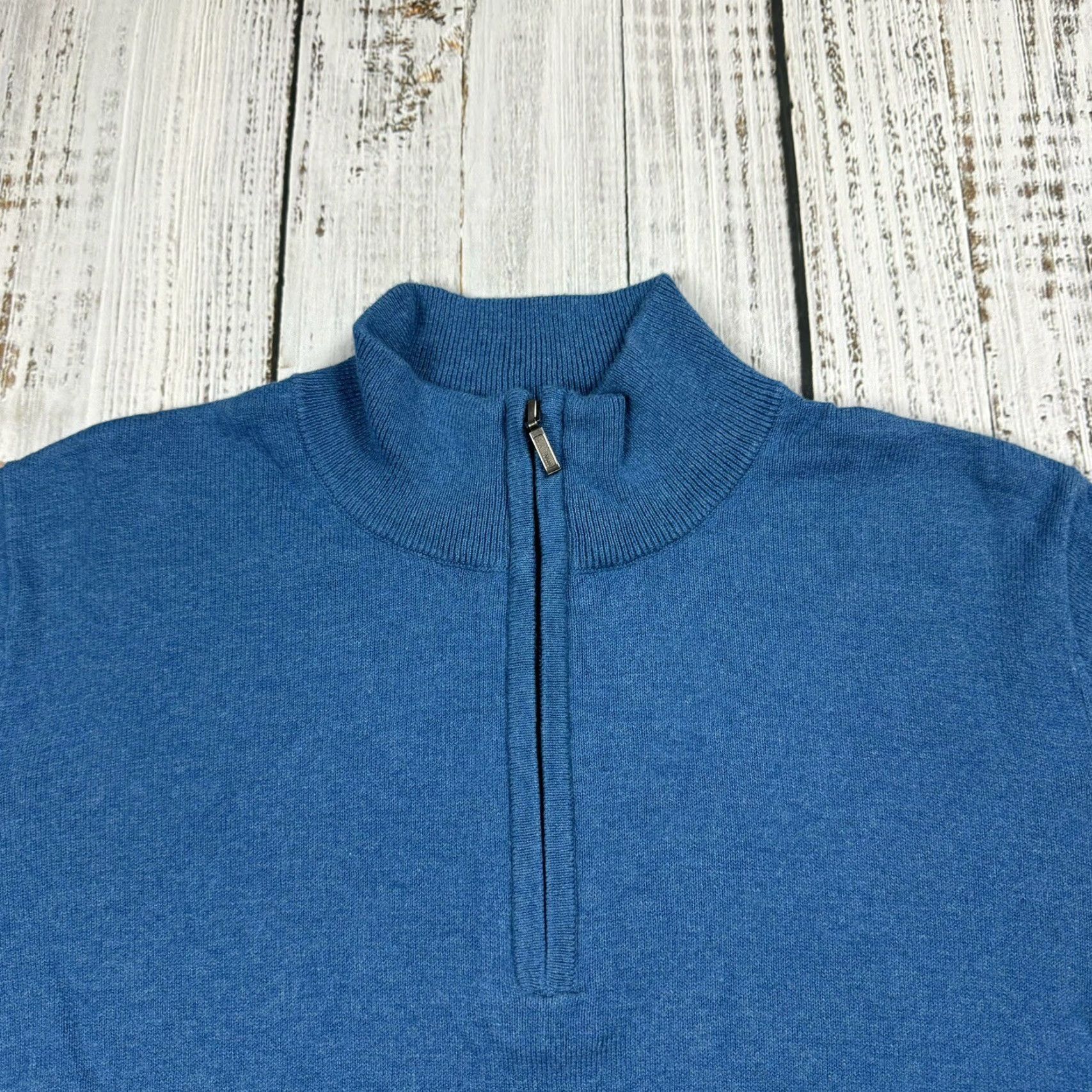 LL BEAN Sweater Mens Medium Teal Blue Cotton Cashmere Blend 1/4 Zip Mock 275298