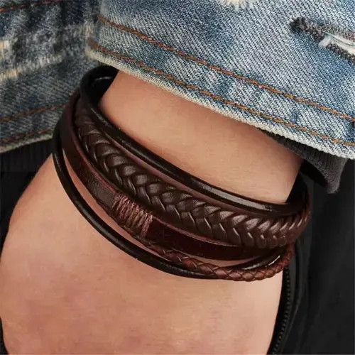 Jewelry Trendy Genuine Leather Bracelet Stainless Steel Men Size ONE SIZE - 1 Thumbnail