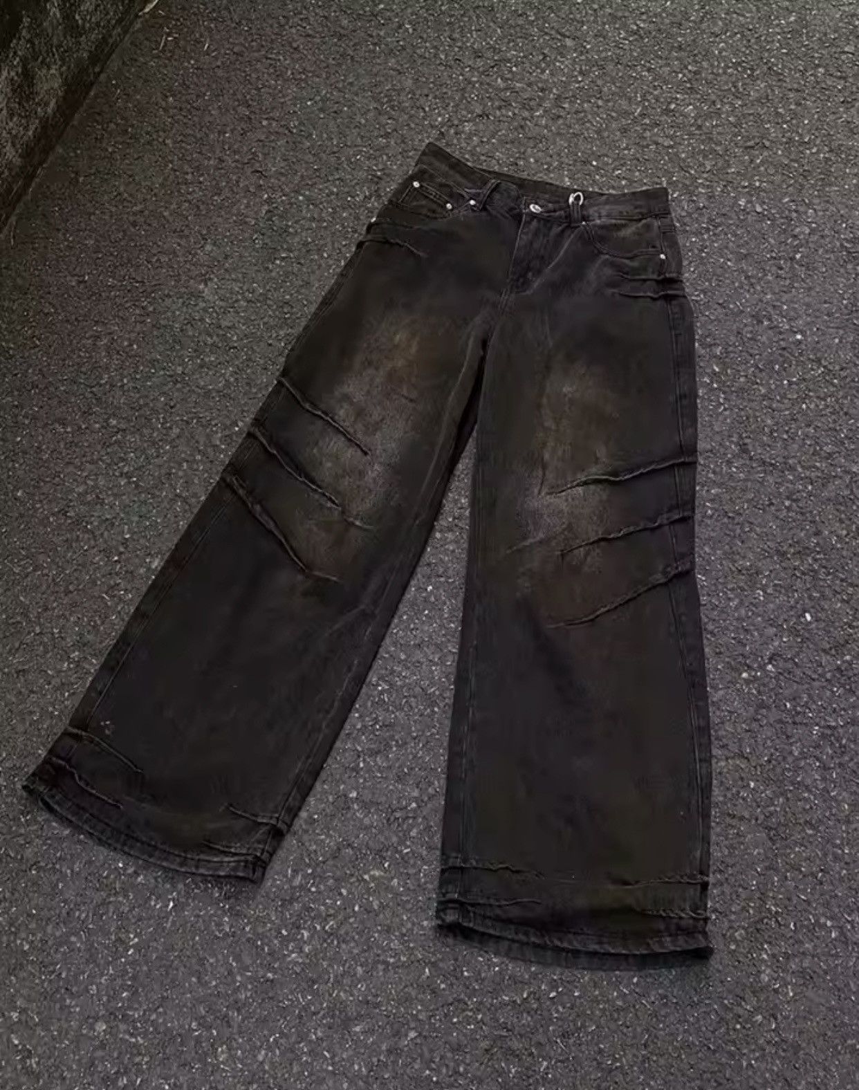 Jean Y2K Streetwear Old Black Distressed Pleated Baggy Jeans Size US 29 - 6 Thumbnail