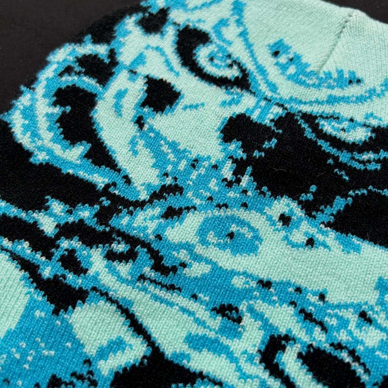 Japanese Brand Repeating Skull Pile Graphic No Cuff Knit Beanie Blue Hat Size ONE SIZE - 7 Thumbnail