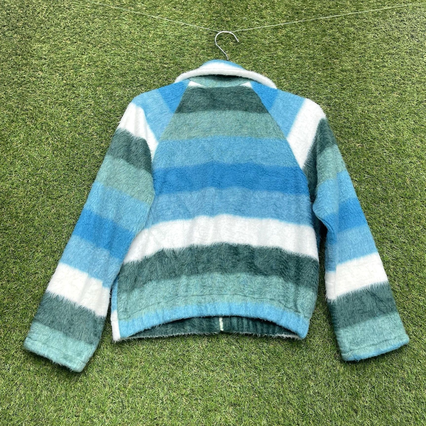 Vintage VINTAGE Montgomery Ward Jacket Womens M Fuzzy Striped Fleece 1/4 Zip Blue Wool? (Oops) Size M / US 6-8 / IT 42-44 - 2 Thumbnail