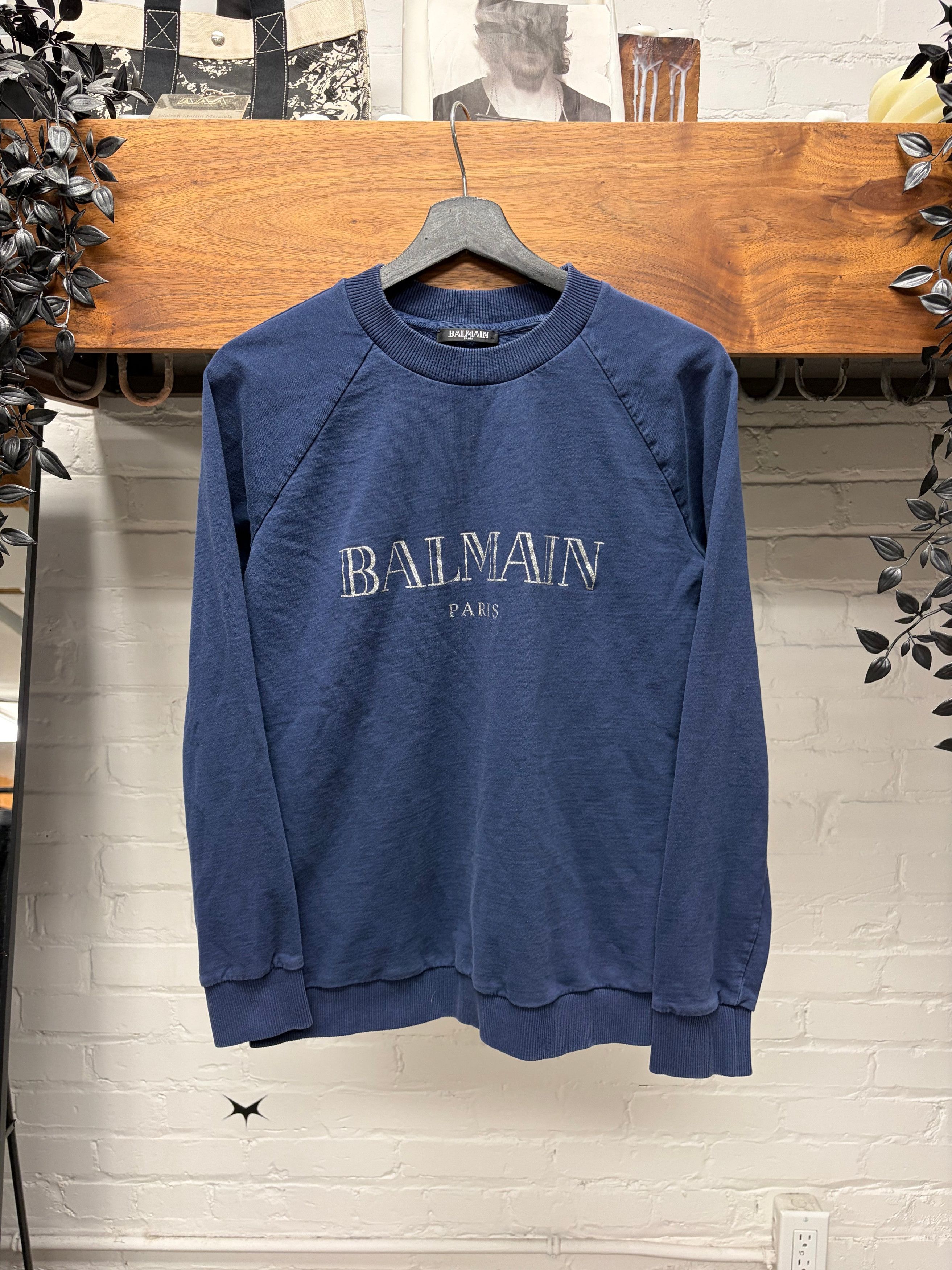 Balmain Balmain Silver/Navy Cotton Logo Crewneck Sweatshirt Size US S / EU 44-46 / 1 - 1 Thumbnail