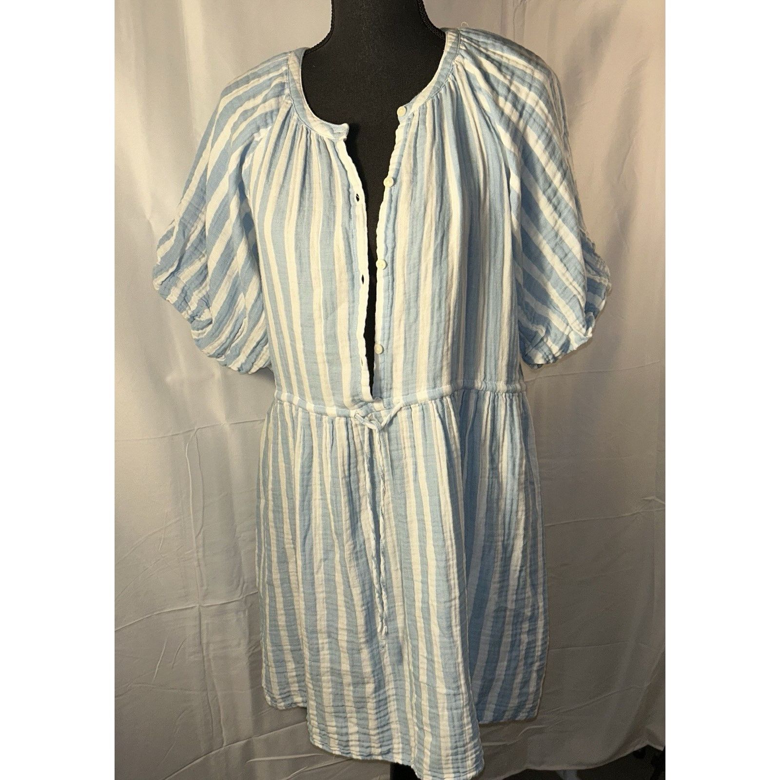 Old Navy Old Navy Blue & White Cotton 3/4 Puff Sleeve Dress Small Size S / US 4 / IT 40 - 1 Thumbnail