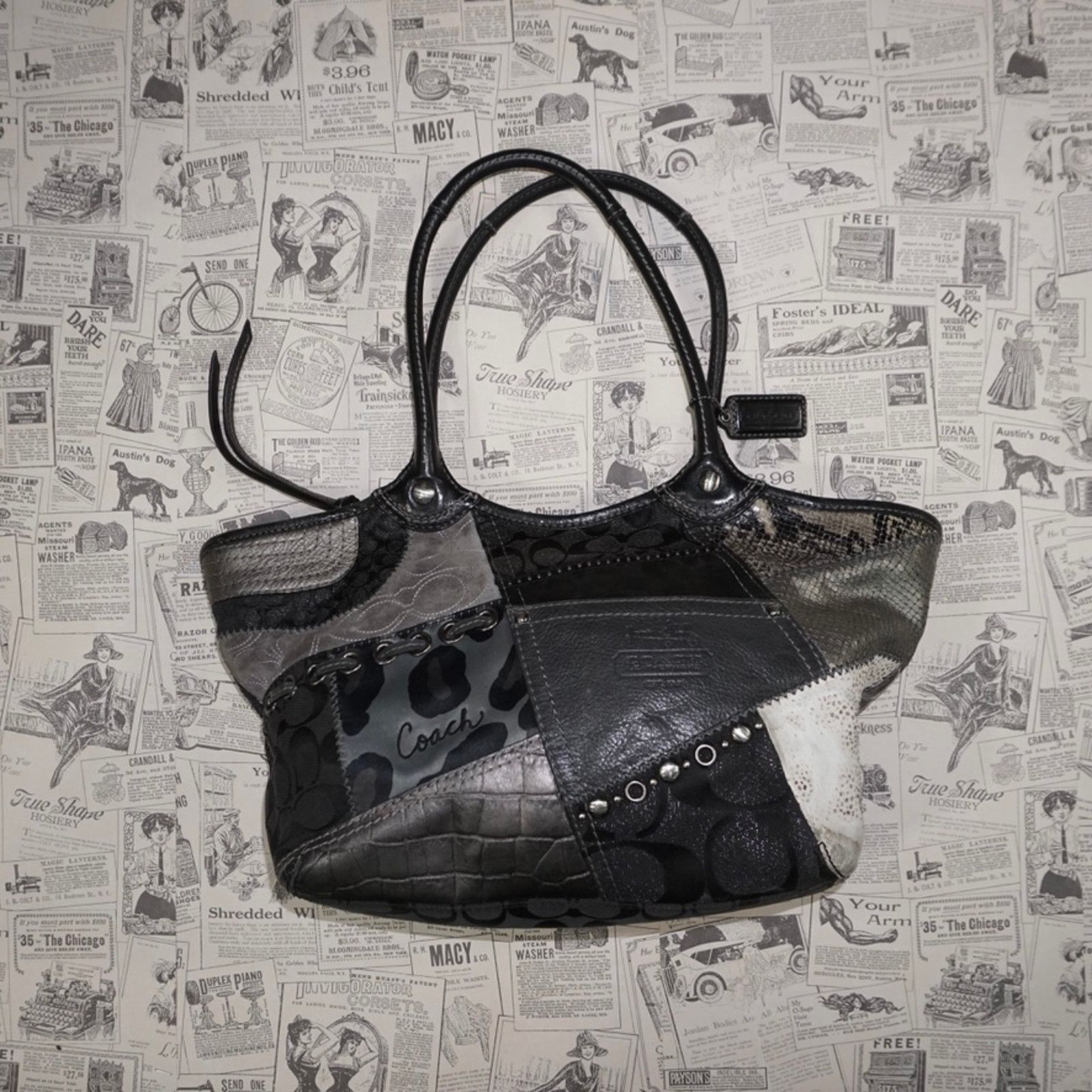 Osfa -Coach Patchwork Bag Femme Signature 00S Bleecker Purse in Black, Women's
