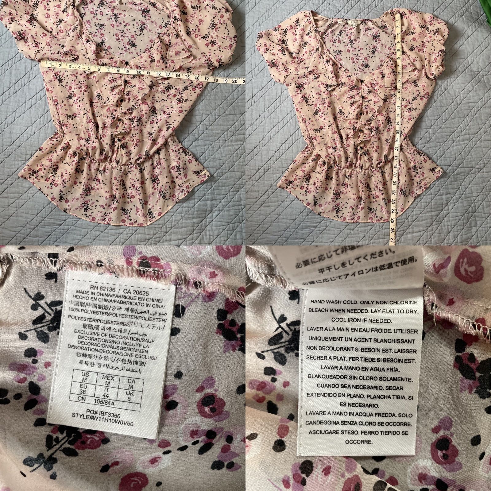 Guess VTG 90s GUESS Blouse Womens Size M Pink Black Floral Chiffon Ruffle Puff Sleeve Short Sleeve Button V-Neck Christmas? Size M / US 6-8 / IT 42-44 - 8 Thumbnail