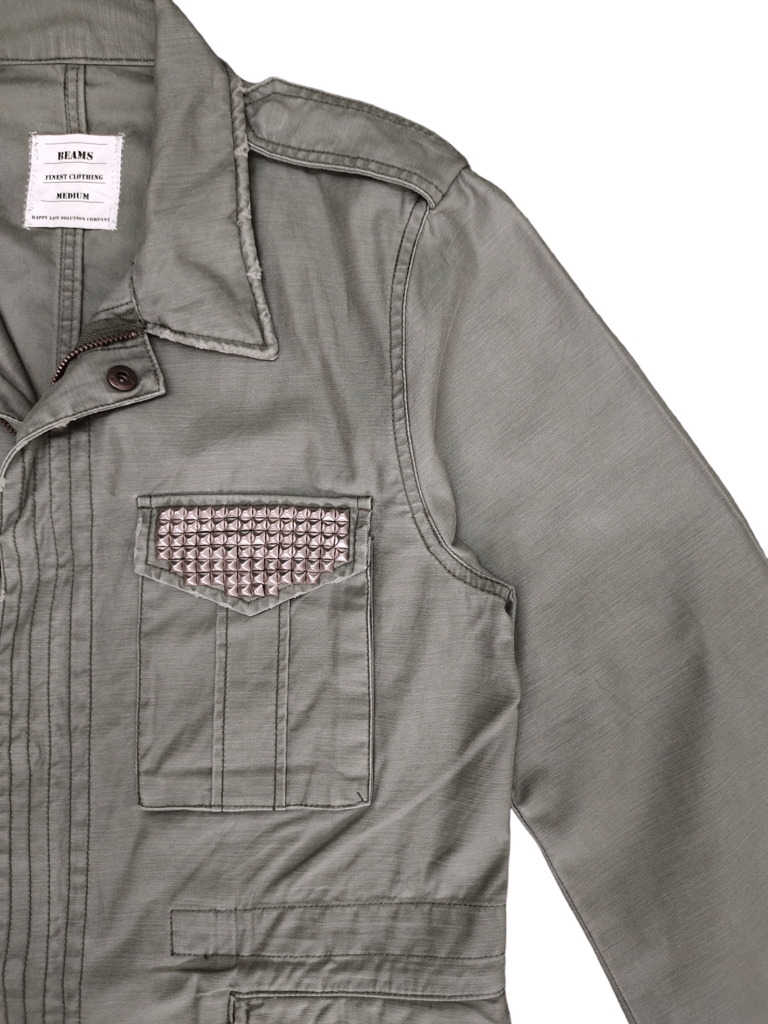 Beams Plus 2000s Beams Studded Pocket Olive Green Military Field Shirt Size US M / EU 48-50 / 2 - 5 Thumbnail