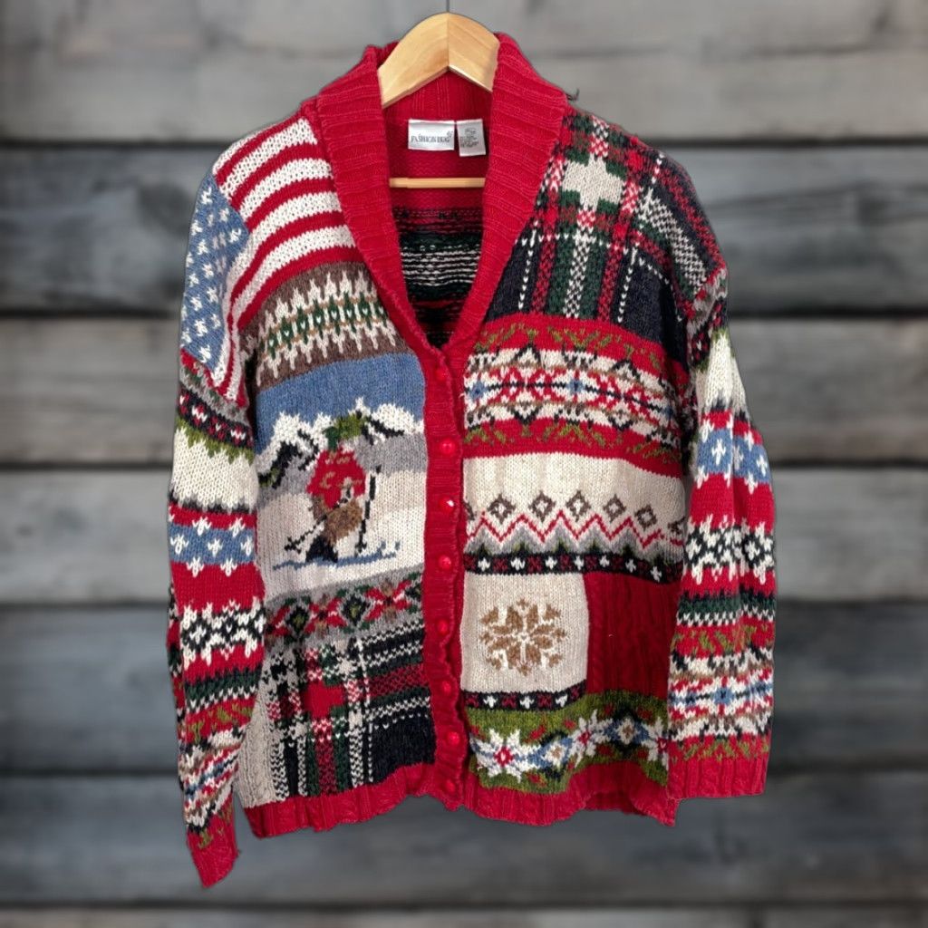 Vintage Winter Patchwork Cardigan Women's 22 / 24 Red Knit Ski Snowflake Christmas Women's Size 3XL / US 20-22 - 1 Thumbnail