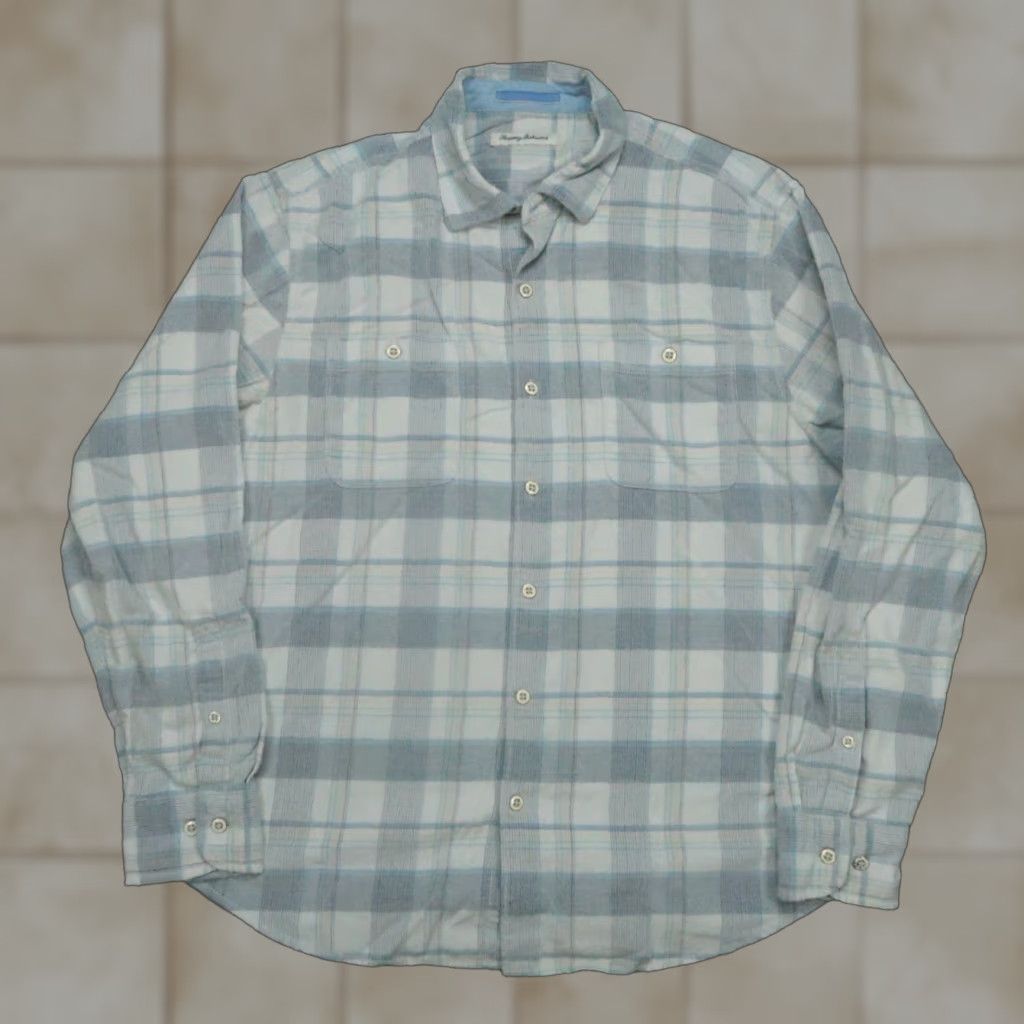 VINTAGE Tommy Bahama Shirt Men Large White Plaid Coastline Cord Corduroy Long Sleeve