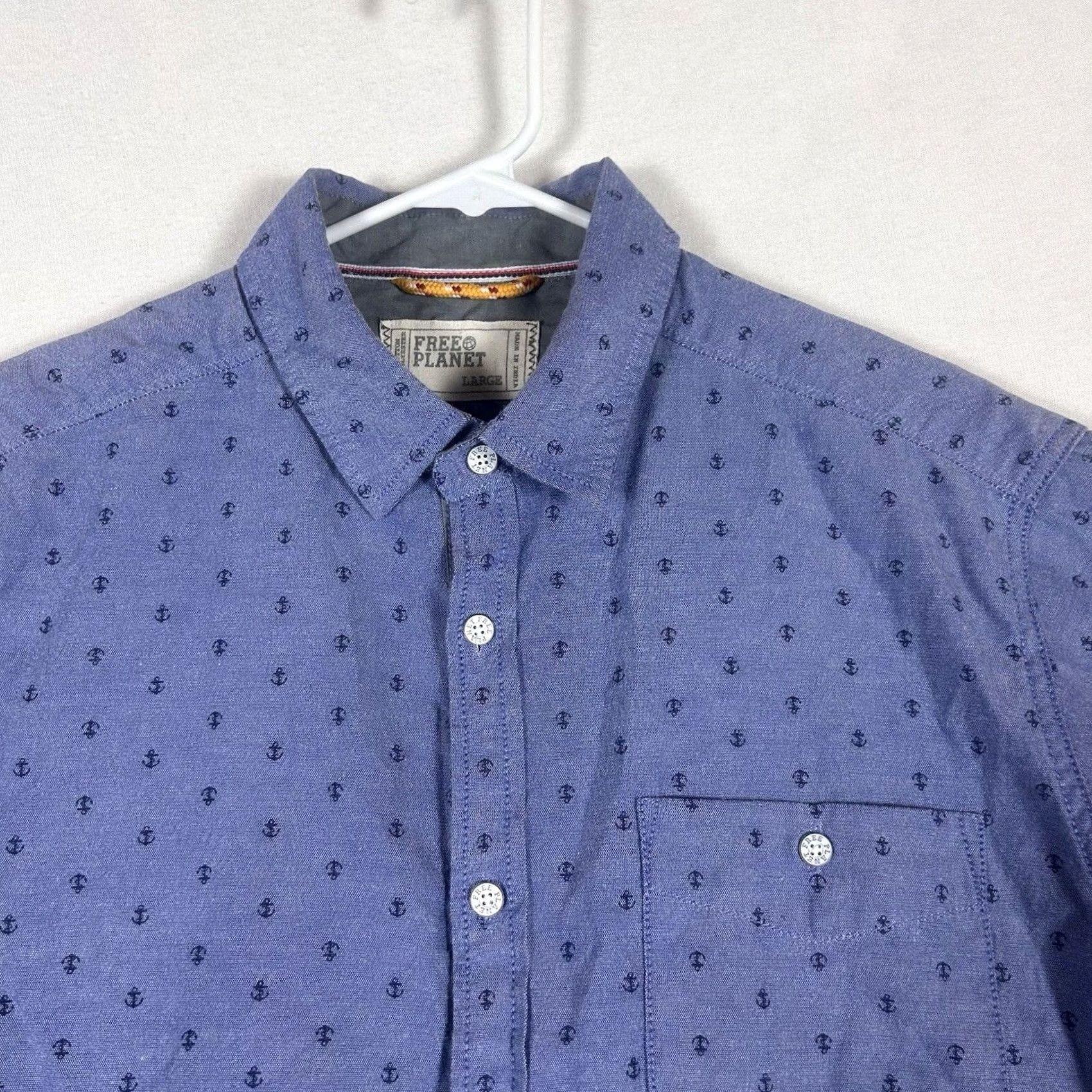 Vintage Free Planet Button-Up Shirt Mens L Blue Casual Boat Anchor All Over Print Size US L / EU 52-54 / 3 - 2 Thumbnail