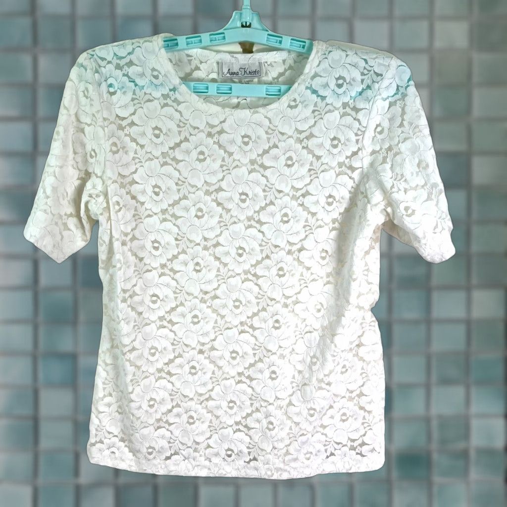 Vintage Anna Kriste White Floral Lace Top Womens L Size Bohemian Crochet Accent Short Sleeve Round Neck Blouse Size L / US 10 / IT 46 - 1 Thumbnail