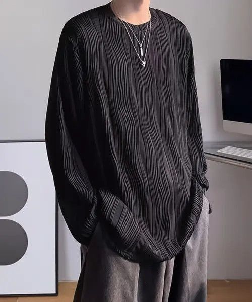 Other Black Striped Pleated Long Sleeve Pullover Size US L / EU 52-54 / 3 - 2 Thumbnail