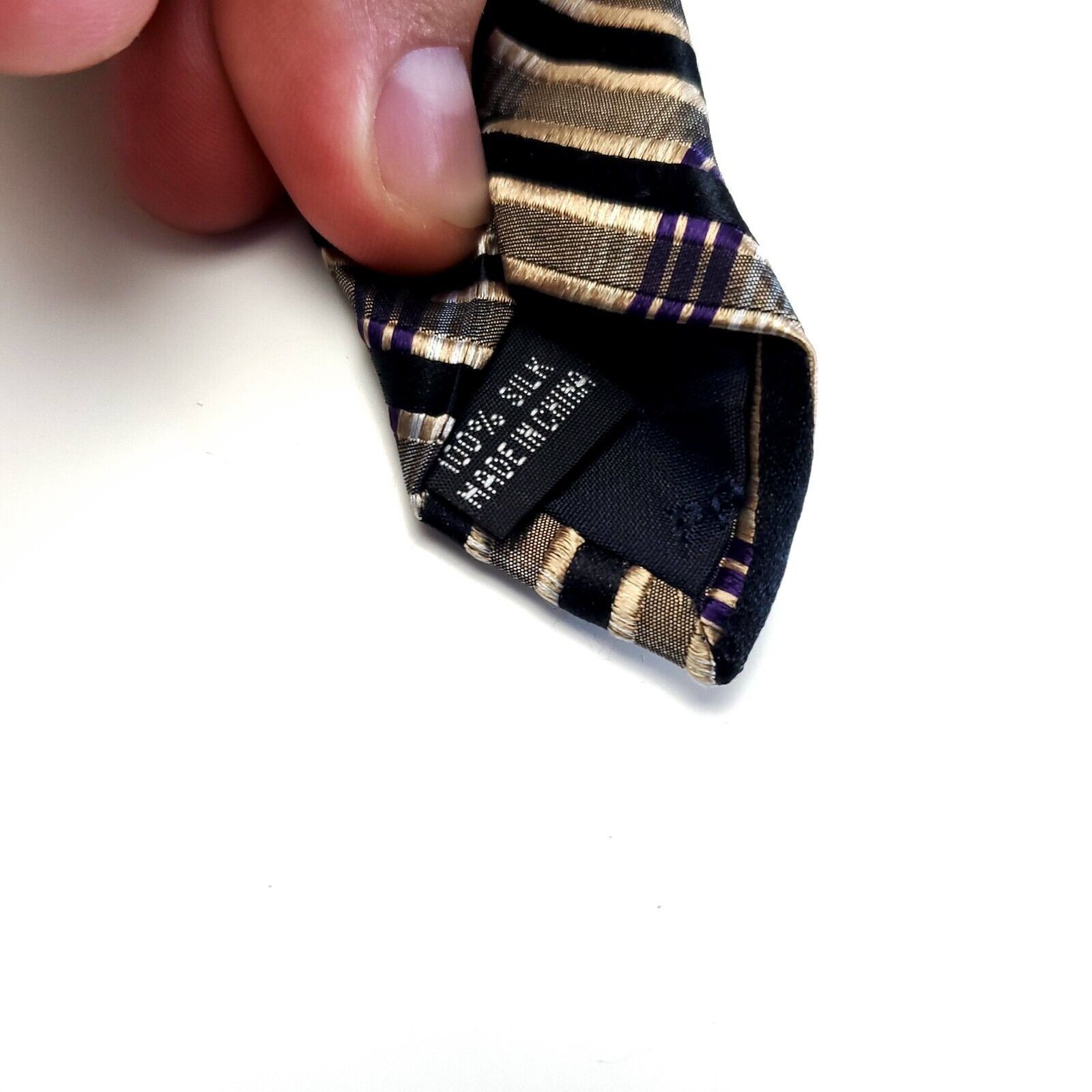 Pronto Uomo Pronto Uomo Couture Woven Tan Black Purple Plaid Silk Tie Size ONE SIZE - 4 Thumbnail