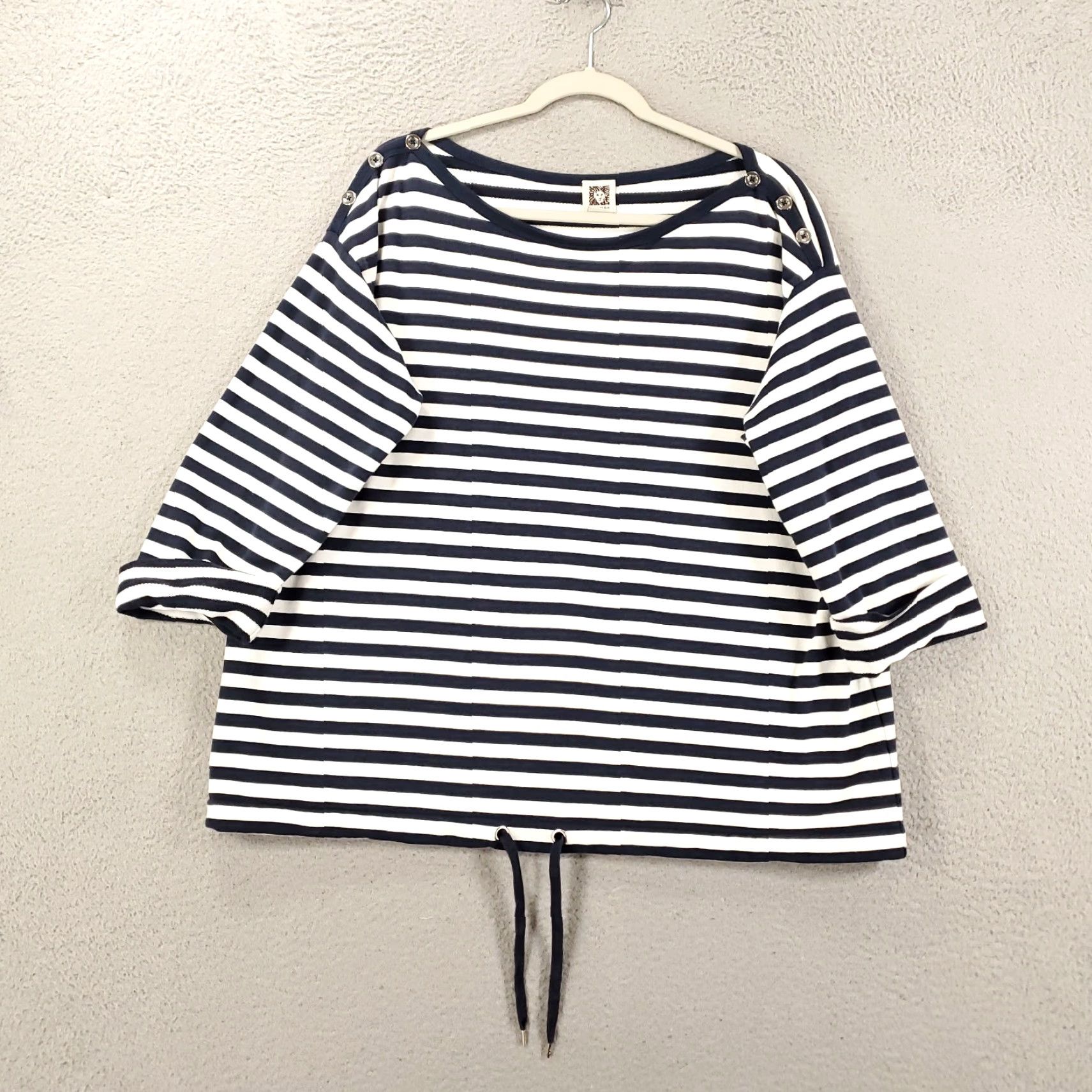 Anne Klein Anne Klein Top Womens 1X Striped Boat Neck Nautical Drawstring Hem Button Accent Size XL / US 12-14 / IT 48-50 - 2 Thumbnail