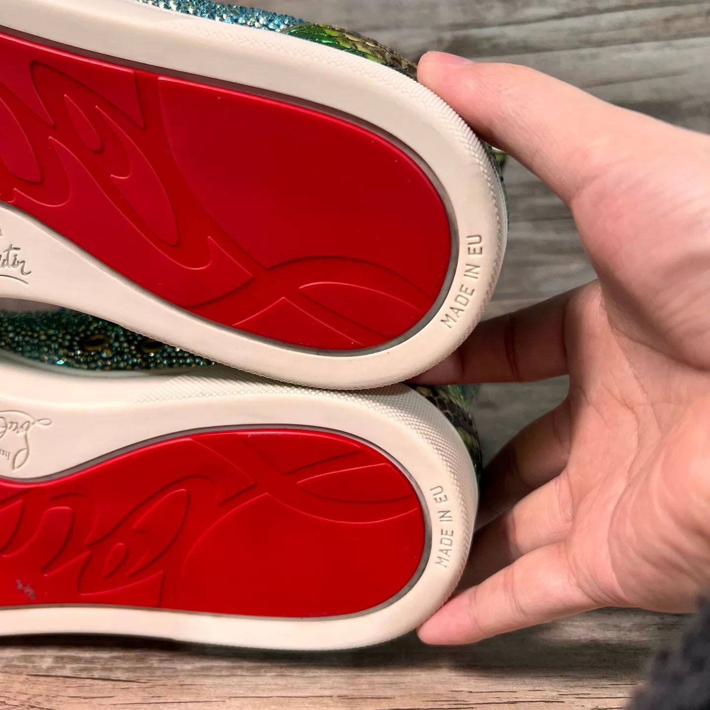 Christian Louboutin CL Green Snake Skin High-Top Crystal Red Sole Sneaker Size US 10.5 / EU 43-44 - 7 Thumbnail