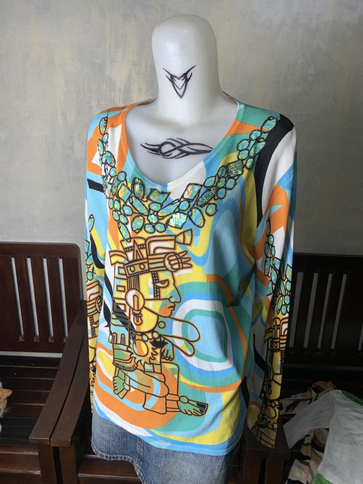 Japanese Brand y2k Monte Milano Ethnic Art Graphic Sequin Beady Mesh Top Size L / US 10 / IT 46 - 2 Thumbnail