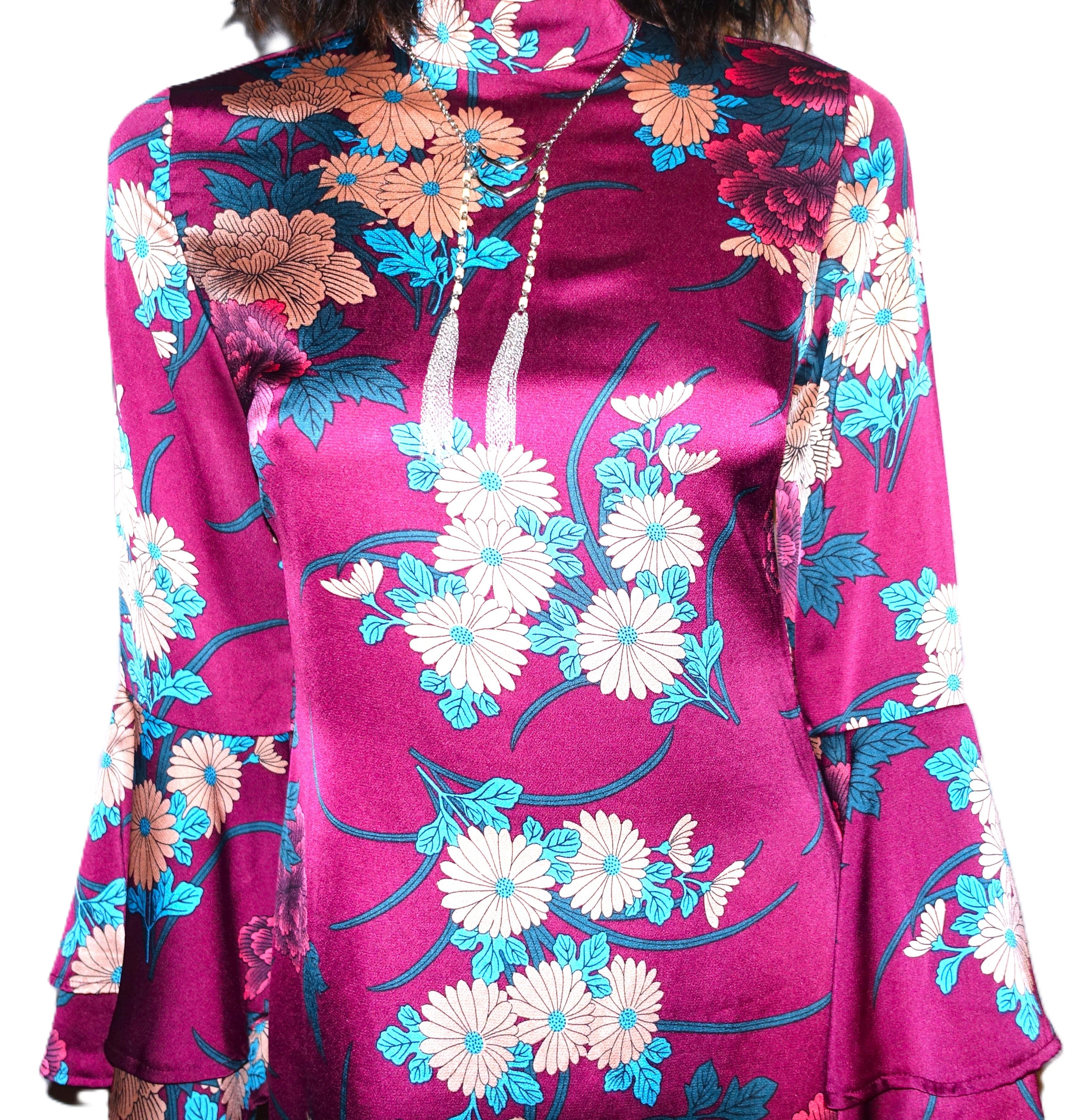 Other Parisian Asian Inspired Burgundy Floral Dress 8 Size M / US 6-8 / IT 42-44 - 5 Thumbnail