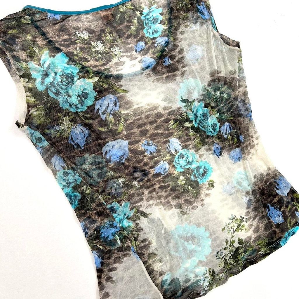 Roberto Cavalli Roberto Cavalli mesh top, blue floral brown leopard print Size XL / US 12-14 / IT 48-50 - 6 Thumbnail