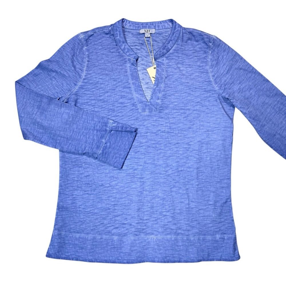 NIC+ZOE NWT New $98 NIC + ZOE Split Neck Long Sleeve Cotton Gulf Bl Size M / US 6-8 / IT 42-44 - 2 Thumbnail