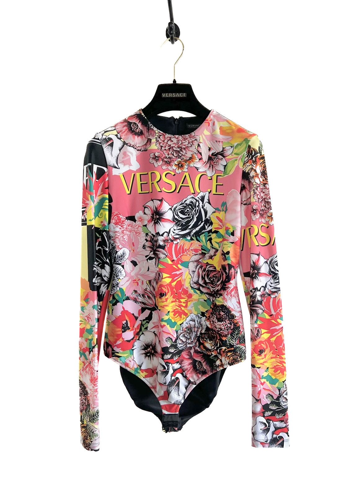 Versace Versace Pink Floral Print Logo Long Sleeve Bodysuit Size XXS / US 00 / IT 34 - 1 Thumbnail