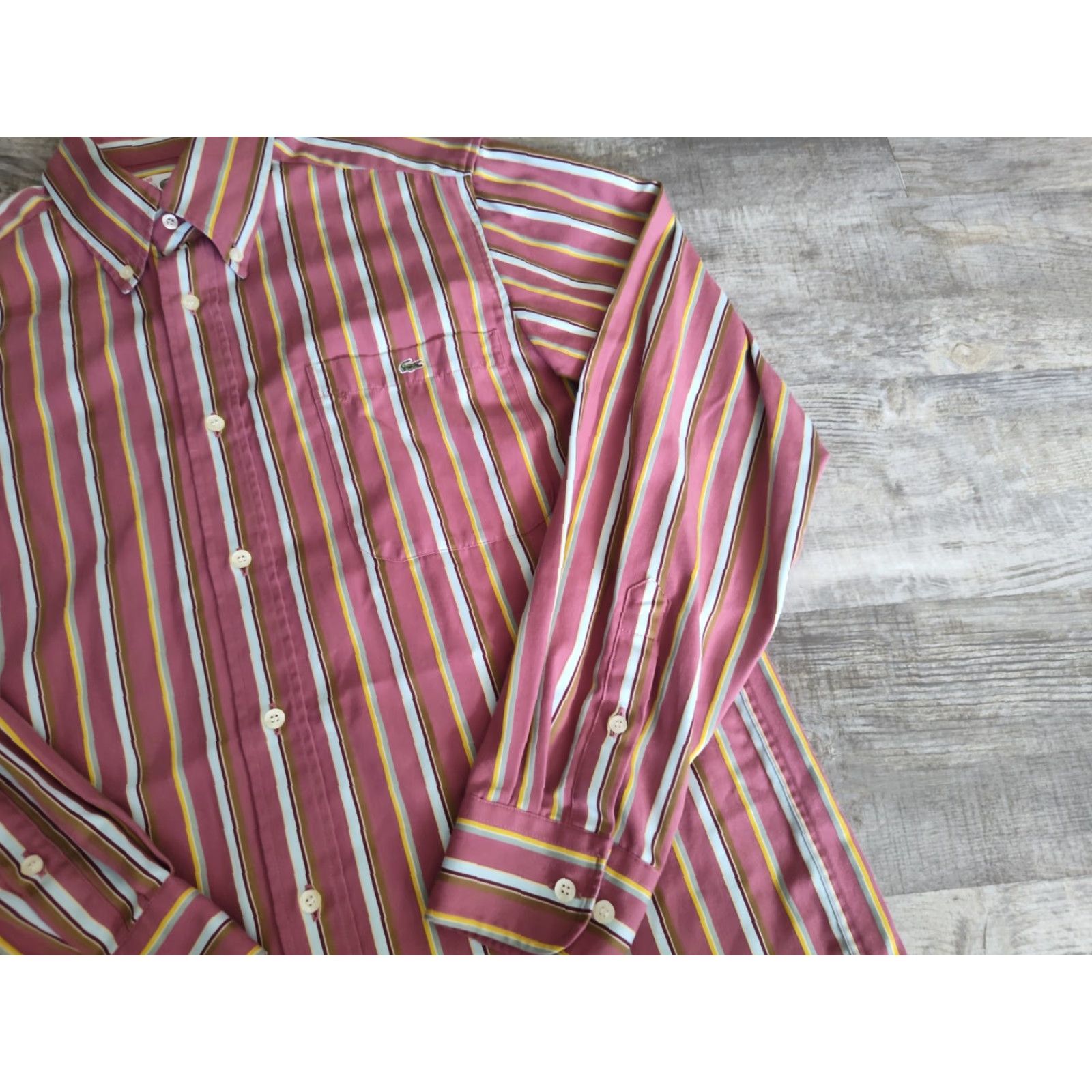Lacoste VINTAGE Lacoste Mens Dress Shirt Button-Down Collared Long Sleeve Striped Cotton Sz 38 Alligator Logo Size 38R - 3 Thumbnail