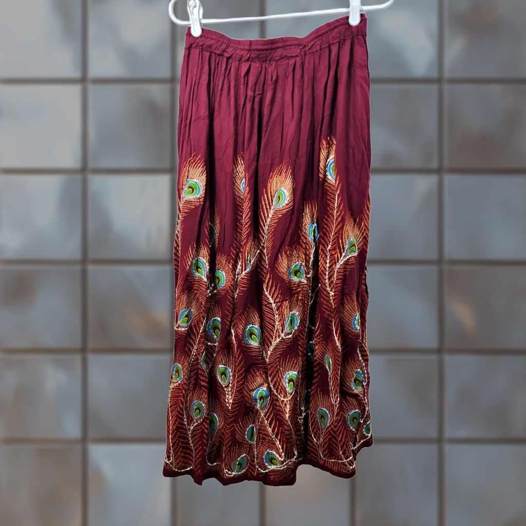 Vintage Boho Broomstick Maxi Skirt Womens M Painted Sequins Peacock Pull On India Size 32" / US 10 / IT 46 - 1 Thumbnail