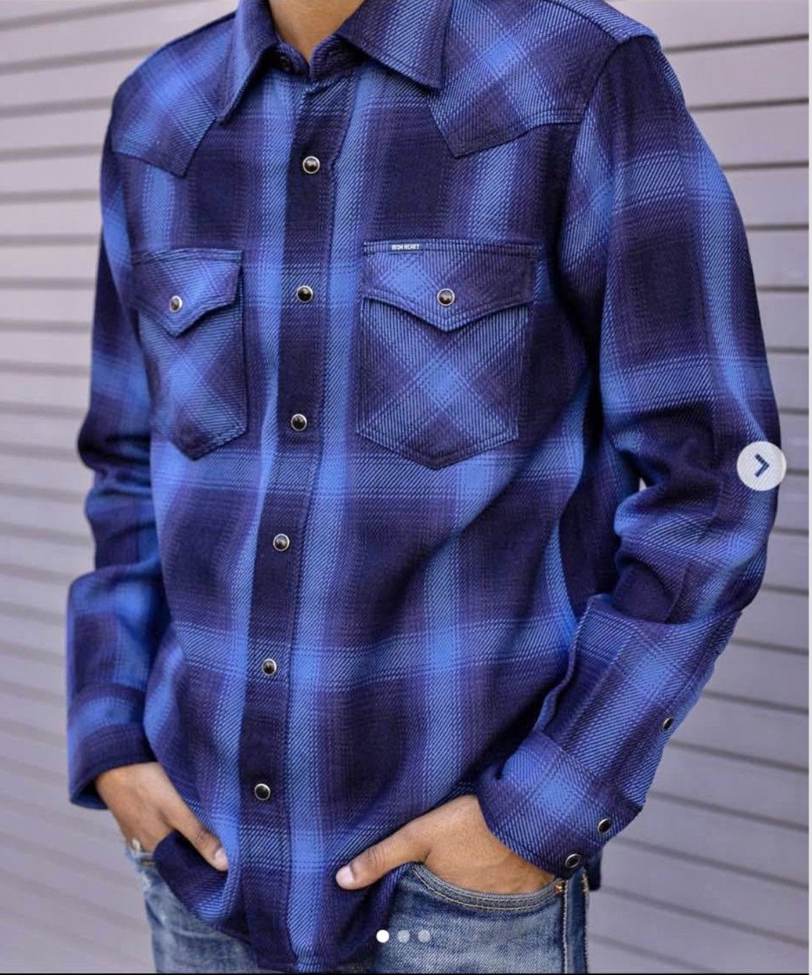 Iron Heart 9oz Selvedge Ombré Check Western Shirt - Indigo