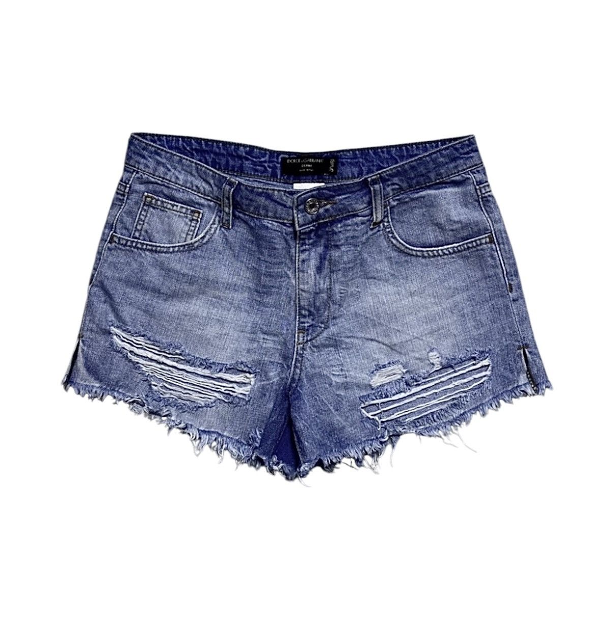 Dolce & Gabbana Women’s D&G Washed Blue Torn Fringed Distressed Denim Shorts Size 26" / US 2 / IT 38 - 1 Thumbnail