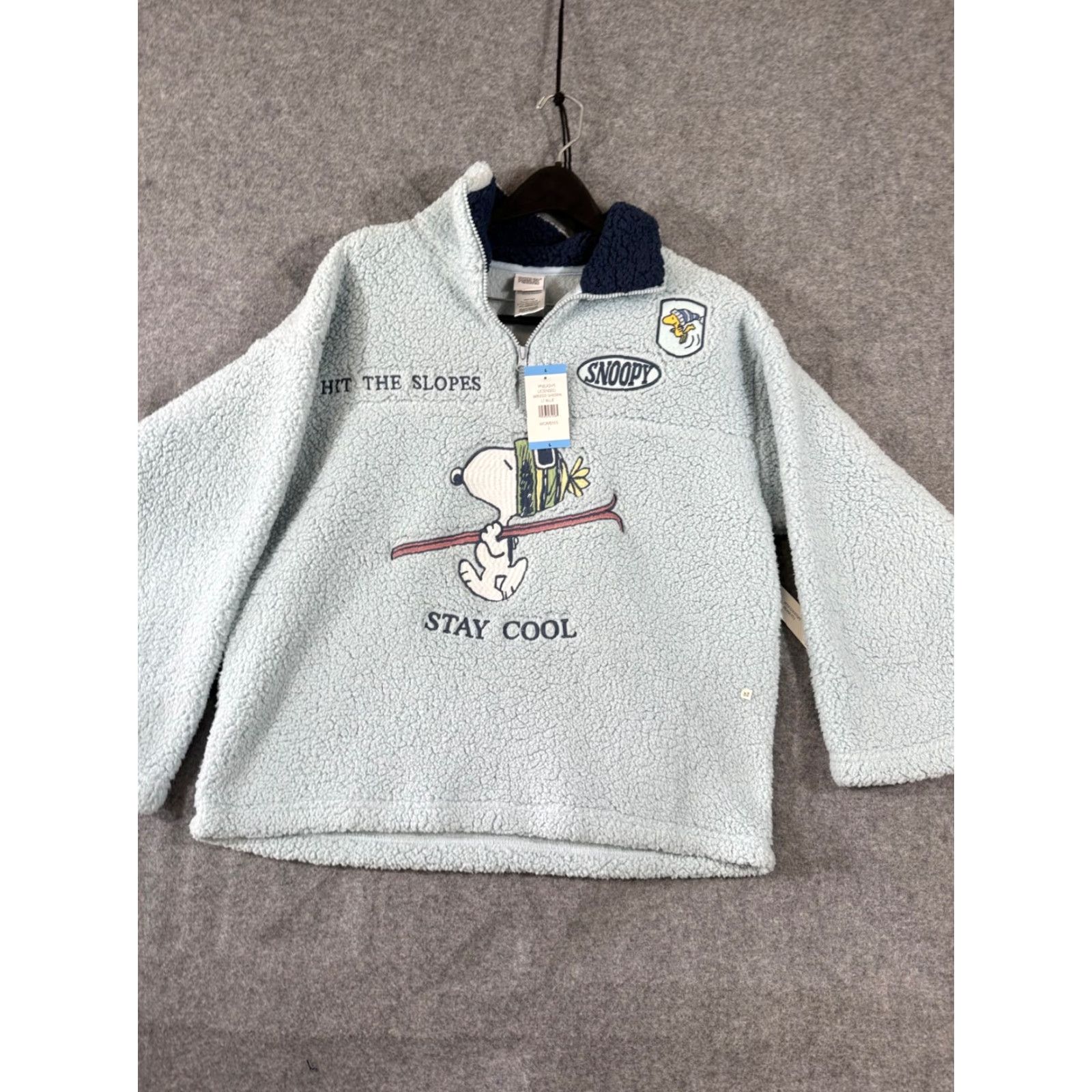 Peanuts VINTAGE Peanuts Snoopy Sweater Women L Light Blue Winter Sherpa Quarter-Zip Pullover NWT Size L / US 10 / IT 46 - 3 Thumbnail