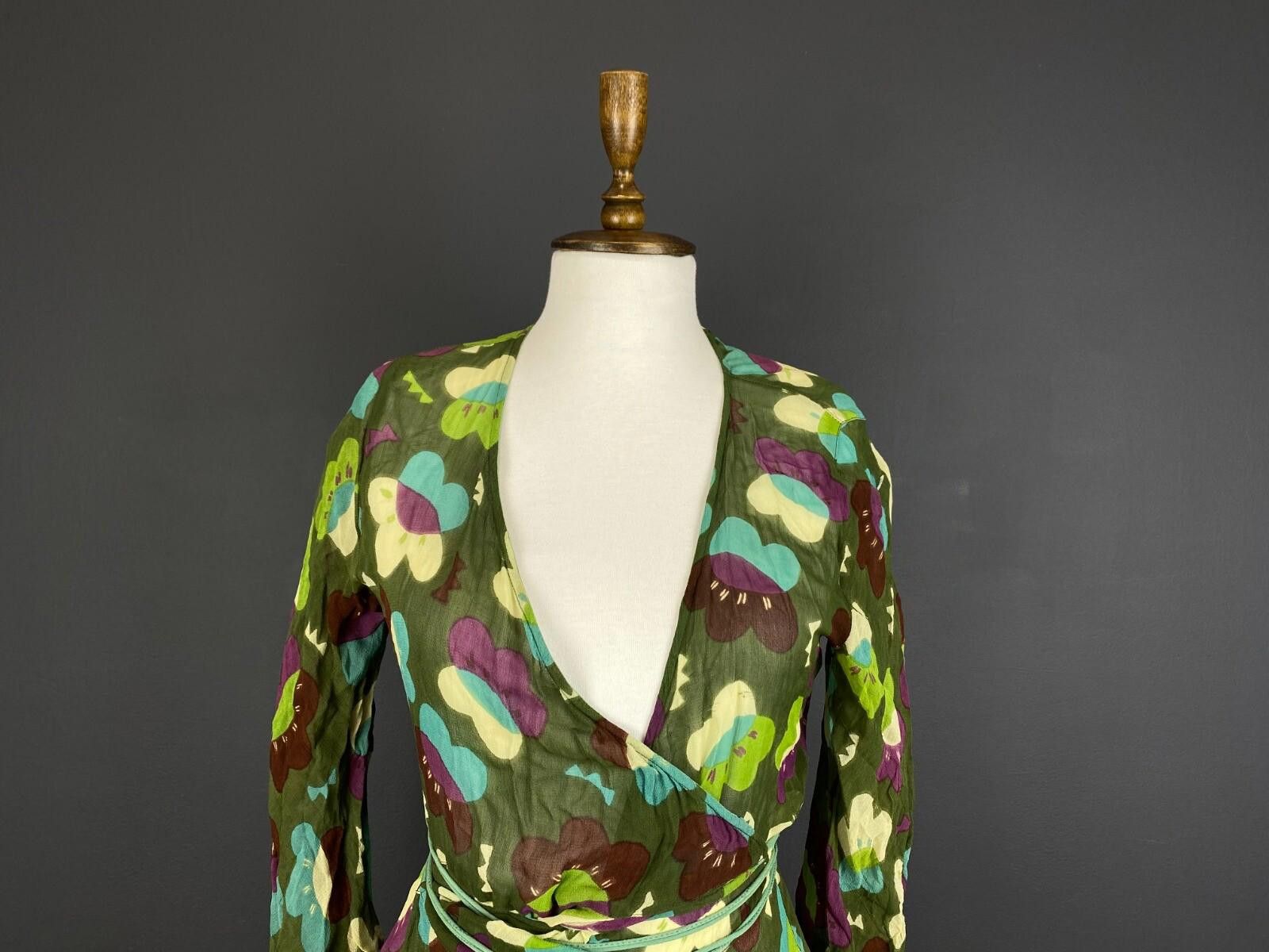 Designer Gudrun Sjoden Green Floral Wrap Belted 3/4 Dress Size M Size M / US 6-8 / IT 42-44 - 2 Thumbnail